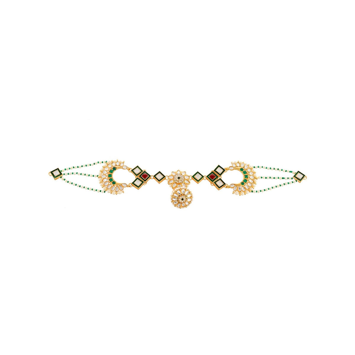 Buy Silvermerc Designs Gold Plated Green Red Stone Pearl Beaded Hand Crafted Matha Patti Online