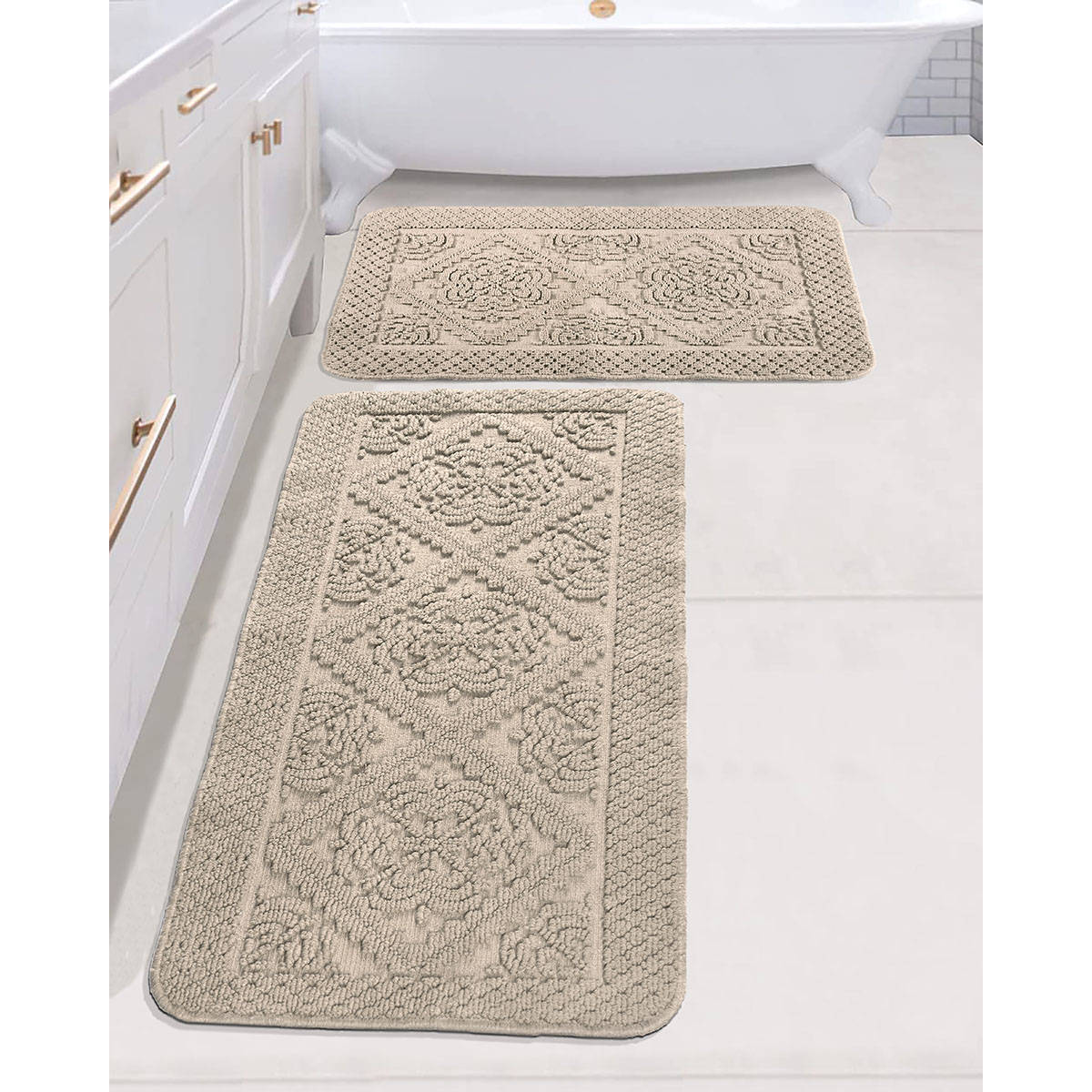 Saral Home Kaku Cotton Antiskid Bath Mat and Runner, Beige (Set of 2)