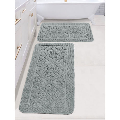 Saral Home Kaku Cotton Antiskid Bath Mat and Runner, Grey (Set of 2)
