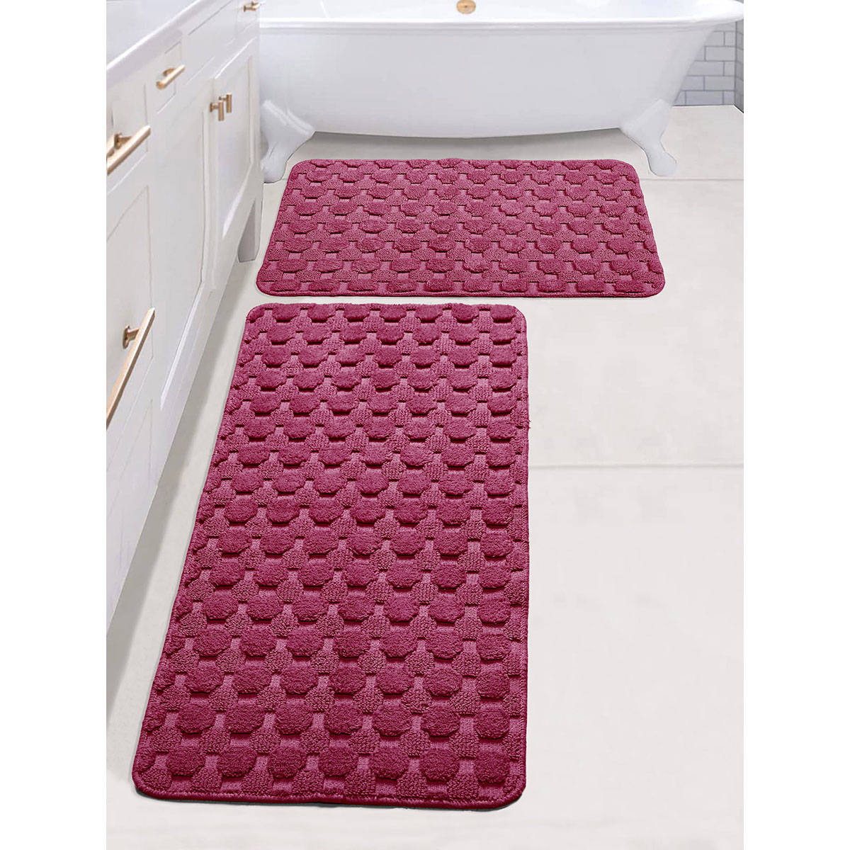 Saral Home Yano Cotton Antiskid Bath Mat and Runner, Maroon (Set of 2)