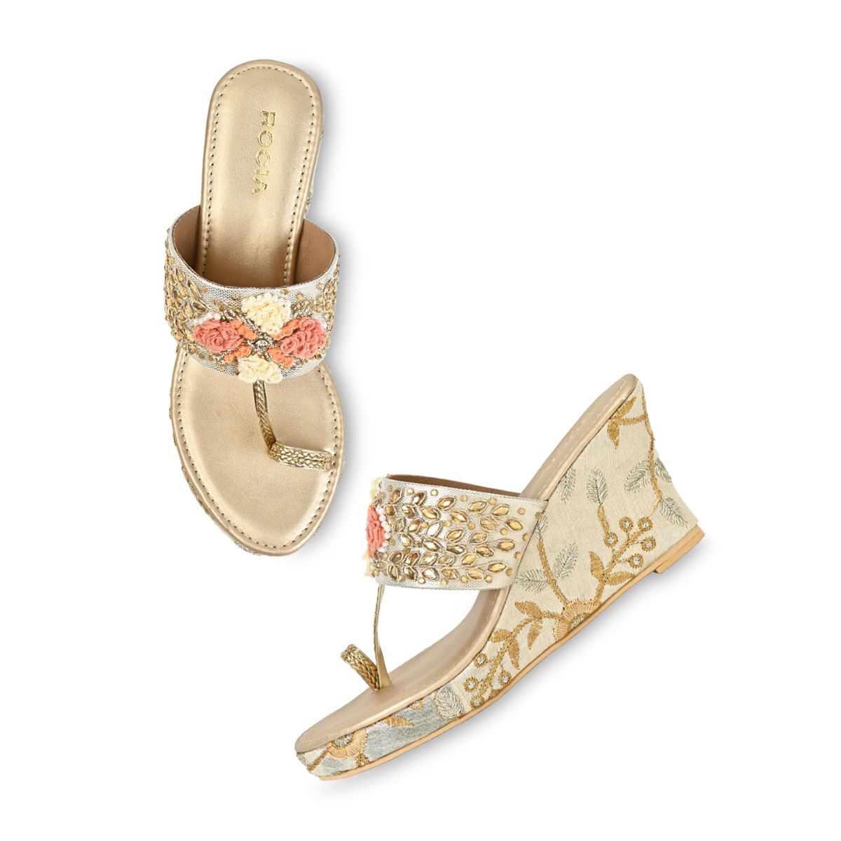 Hand Embroidered Gold Platform Wedge Slides main image 1