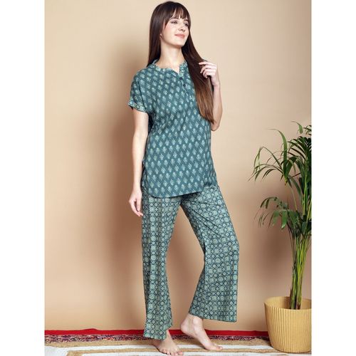 Kanvin Teal Ethnic Motifs Printed Pure Cotton Night Suit (Set of 2) (2XL)
