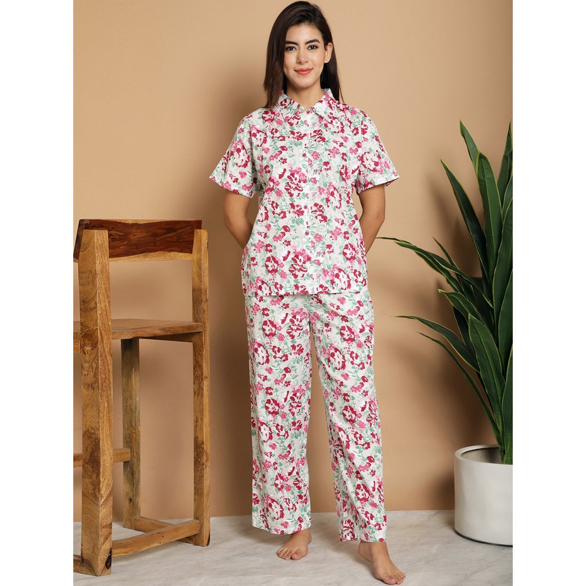 Buy Kanvin Magenta Floral Printed Pure Cotton Night Suit Set of 2 Online