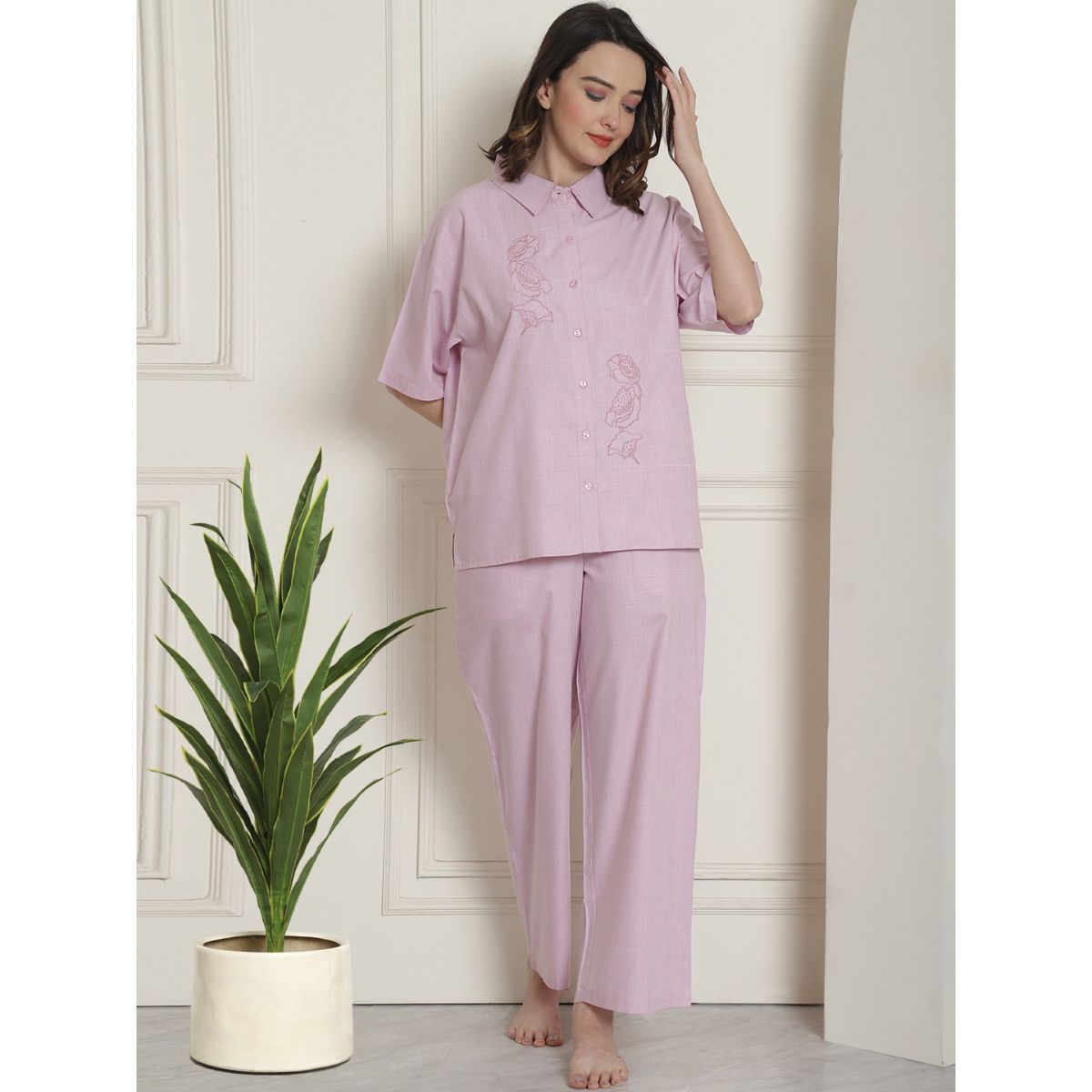Buy Kanvin Pink Floral Embroidered Pure Cotton Night Suit Set of 2 Online