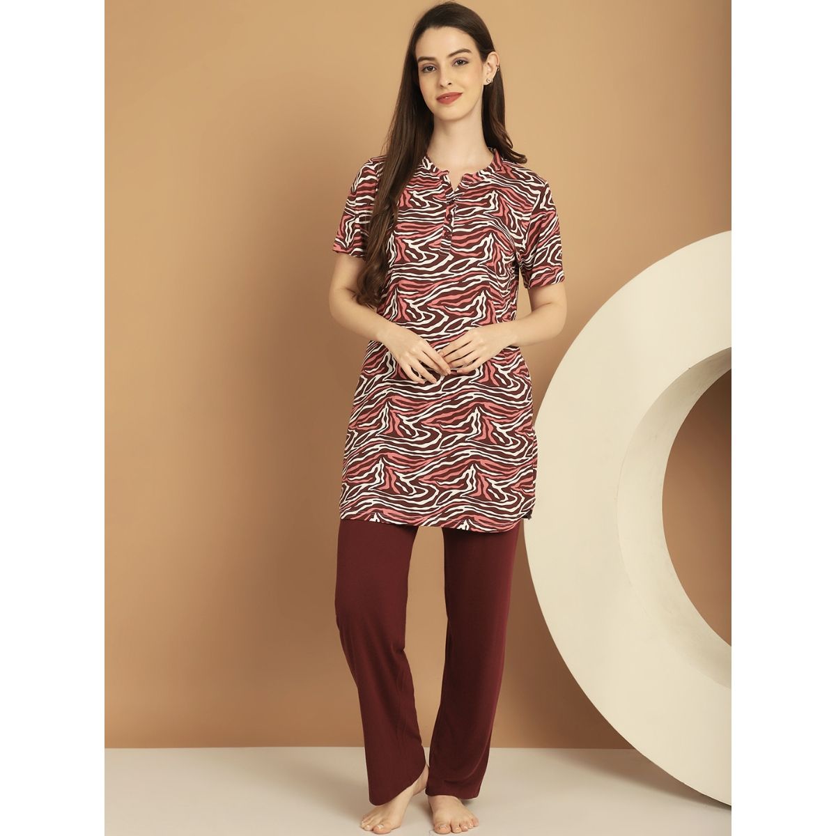 Buy Kanvin Maroon Printed Mandarin Collar Cotton Night Suit Set of 2 Online