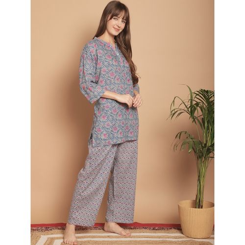Kanvin Grey Floral Printed Cotton Night Suit (Set of 2) (M)
