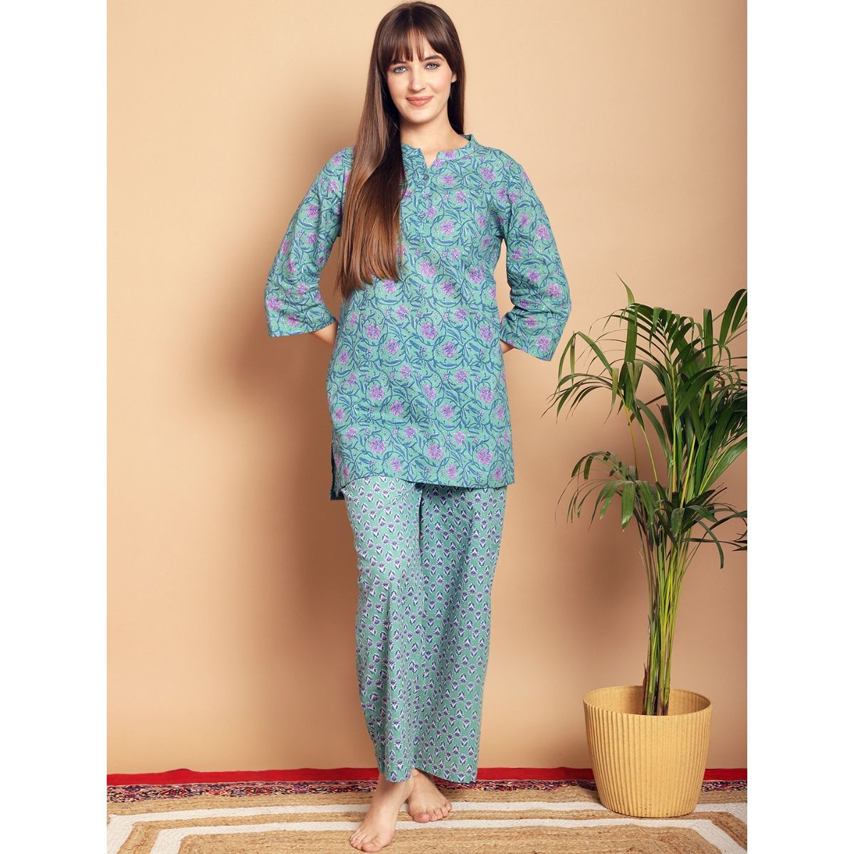 Seagreen Cotton Floral Print Night Suit