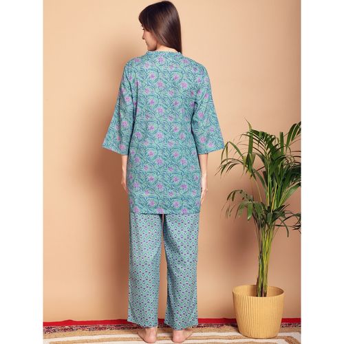 Buy Kanvin Green Floral Printed Cotton Night Suit (Set of 2) Online