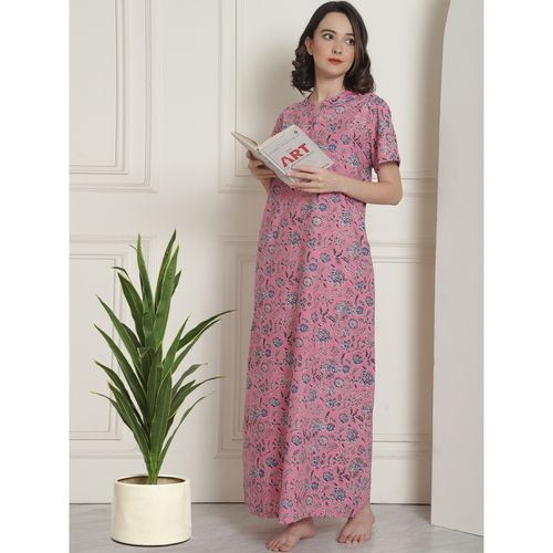 Buy Kanvin Pink Floral Printed Mandarin Collar Pure Cotton Maxi