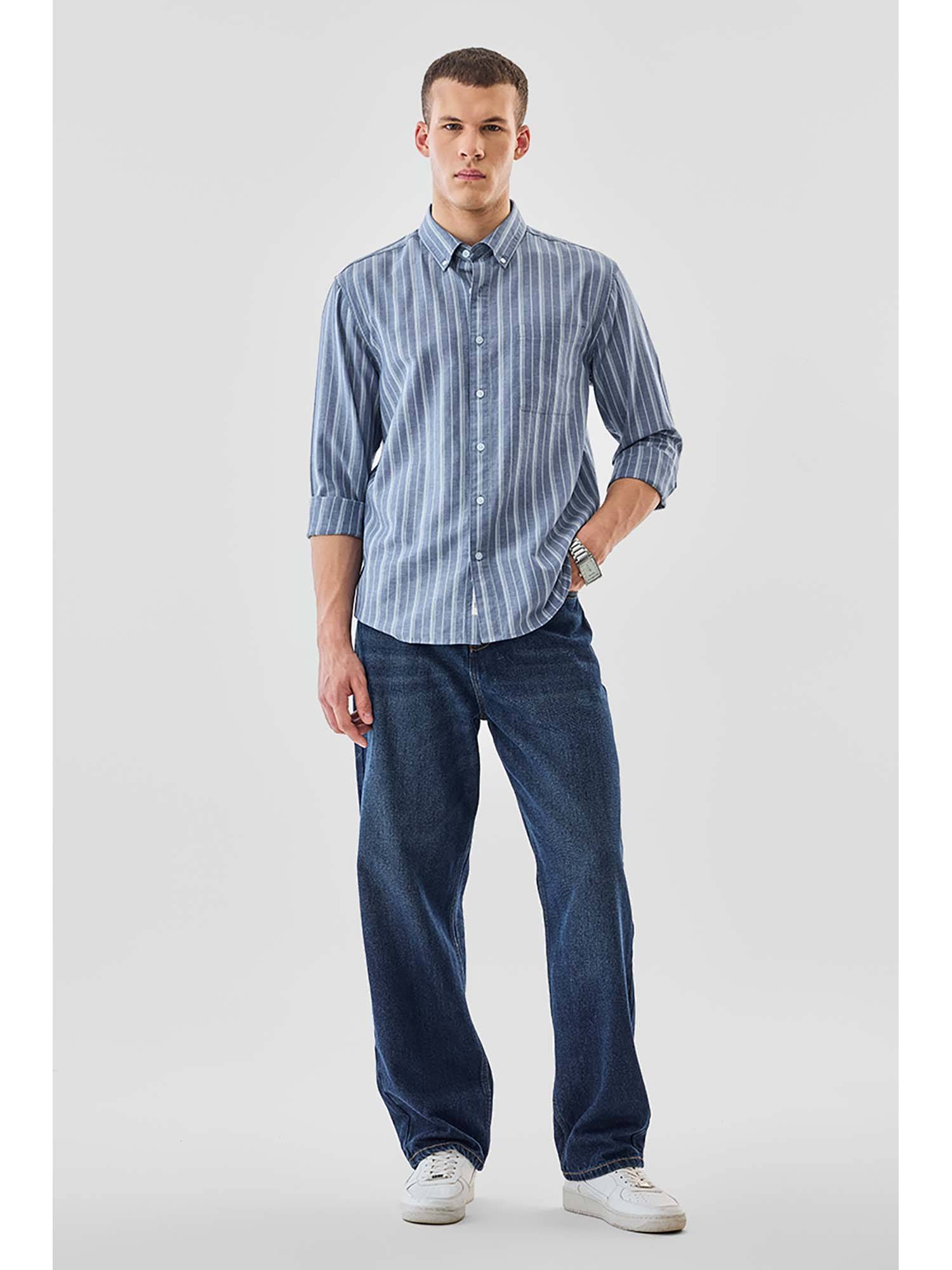 Buy Snitch Blue Stripes Full Sleeves Regular Casual Shirt for Men