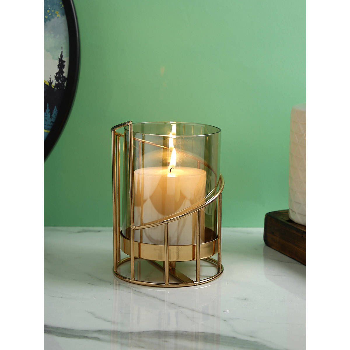Tayhaa Golden Metal & Glass Tea Light Candle Holder