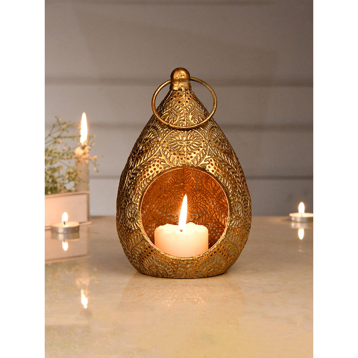 Buy Tayhaa Gold Metal Teardrop Lantern Candle Holder Online