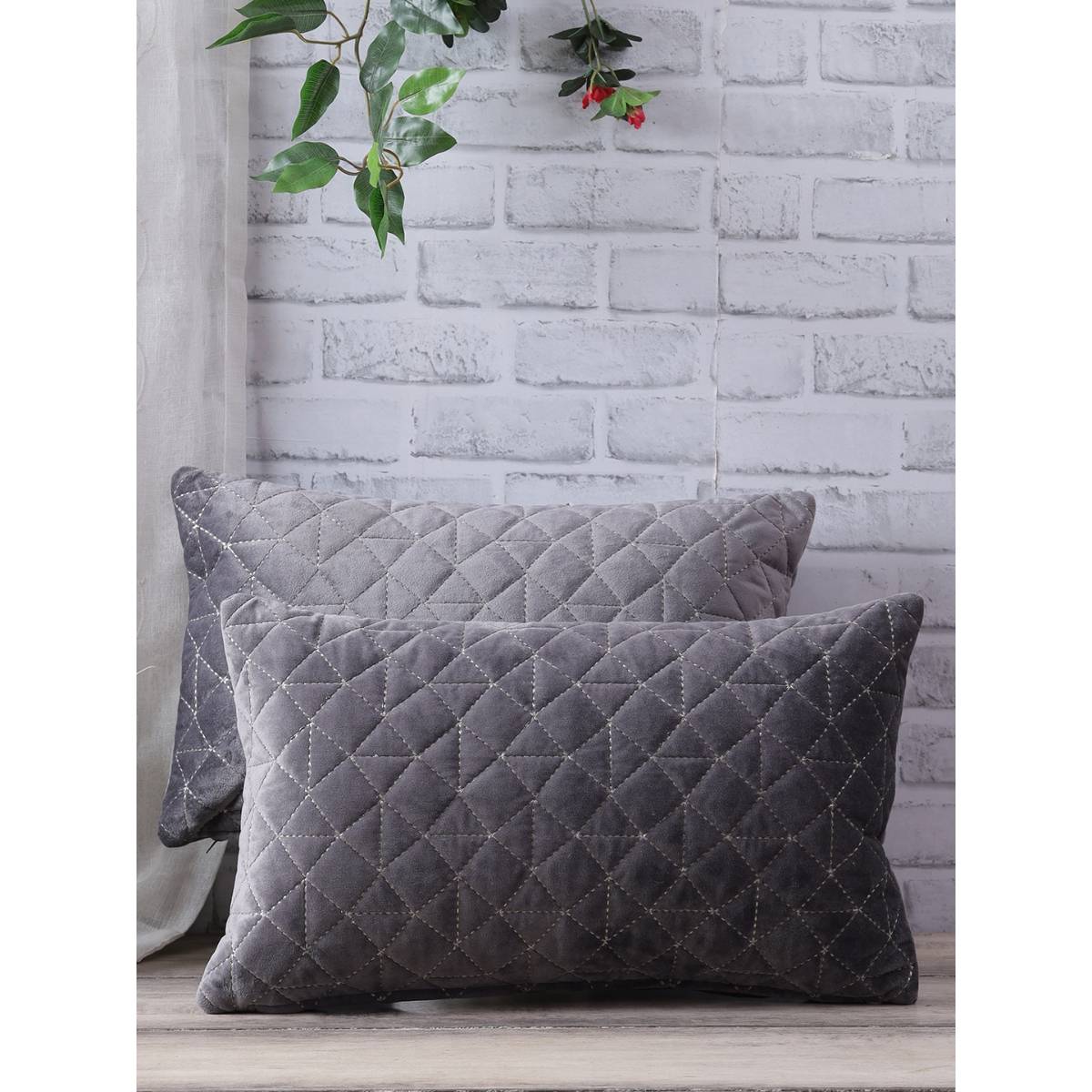 eyda Super Soft Velvet Grey Color Set Of 2 Quilted Cushion Cover-12X20 Inch