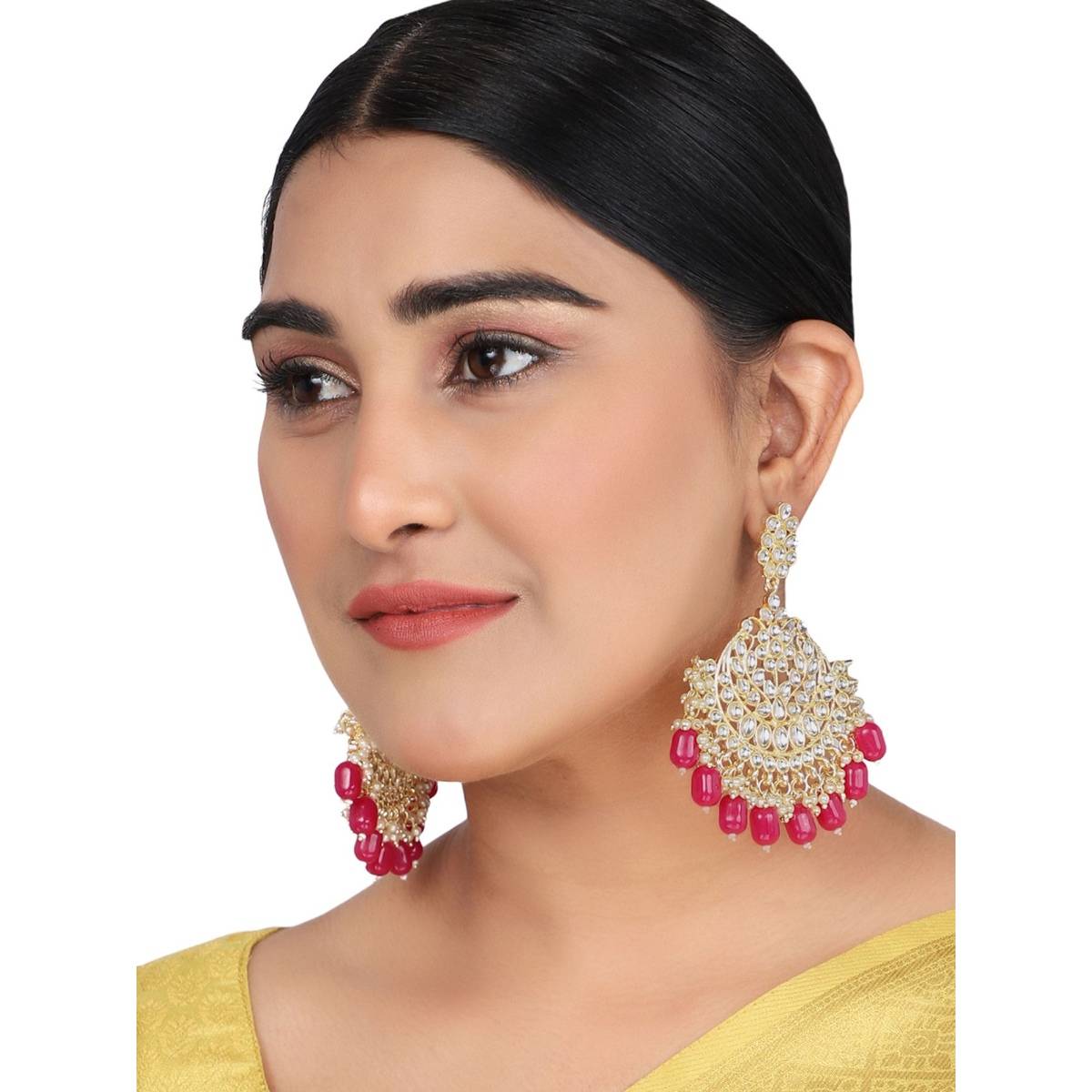 Anika's Creations Traditional Gold Plated Kundan Stone Studded Maroon Beaded Chandbali