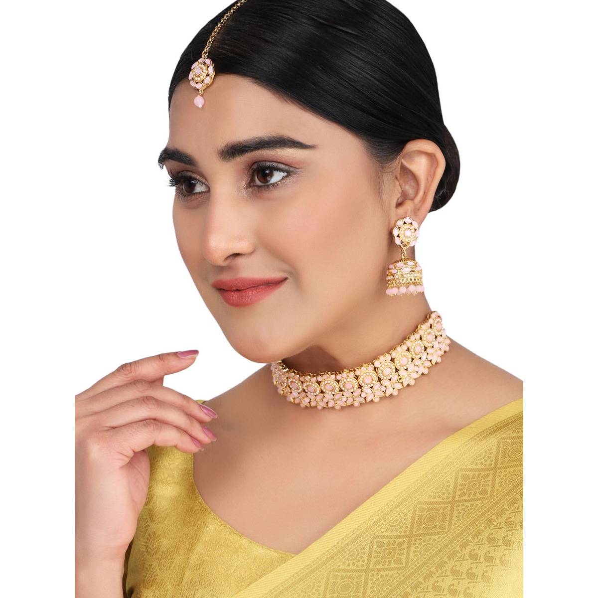 Anika's Creations Round Traditional Choker with Pink Beads and Stone For Women and Girls