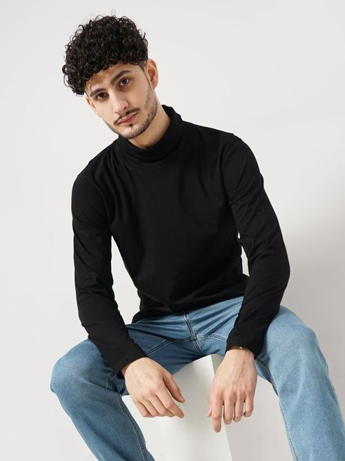 Buy CELIO Solid Black Full Turtle Neck Fashion T-Shirt Online