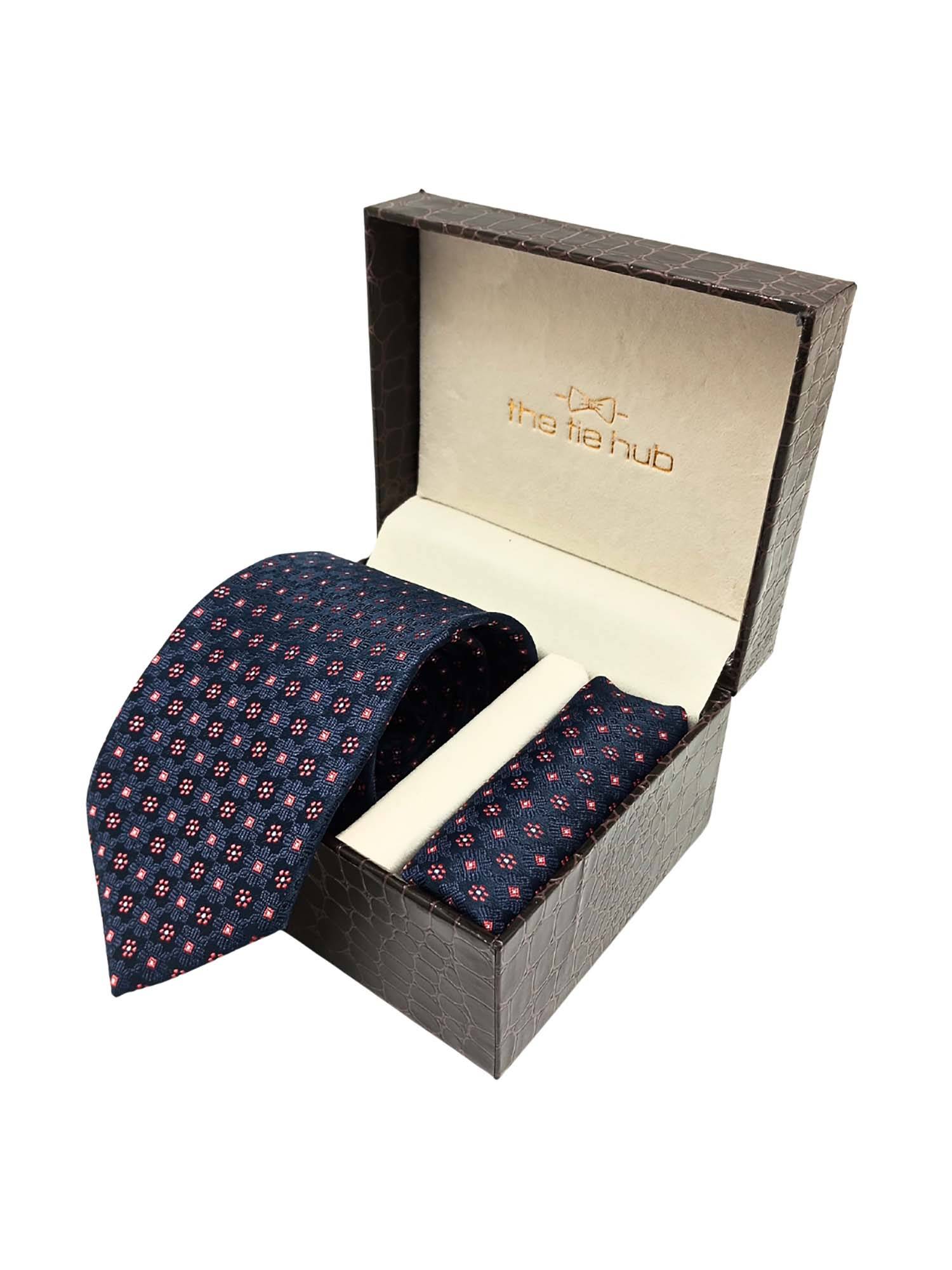 The Tie Hub Men Navy Blue Floral Microfiber Necktie with Pocket Square Gift Set
