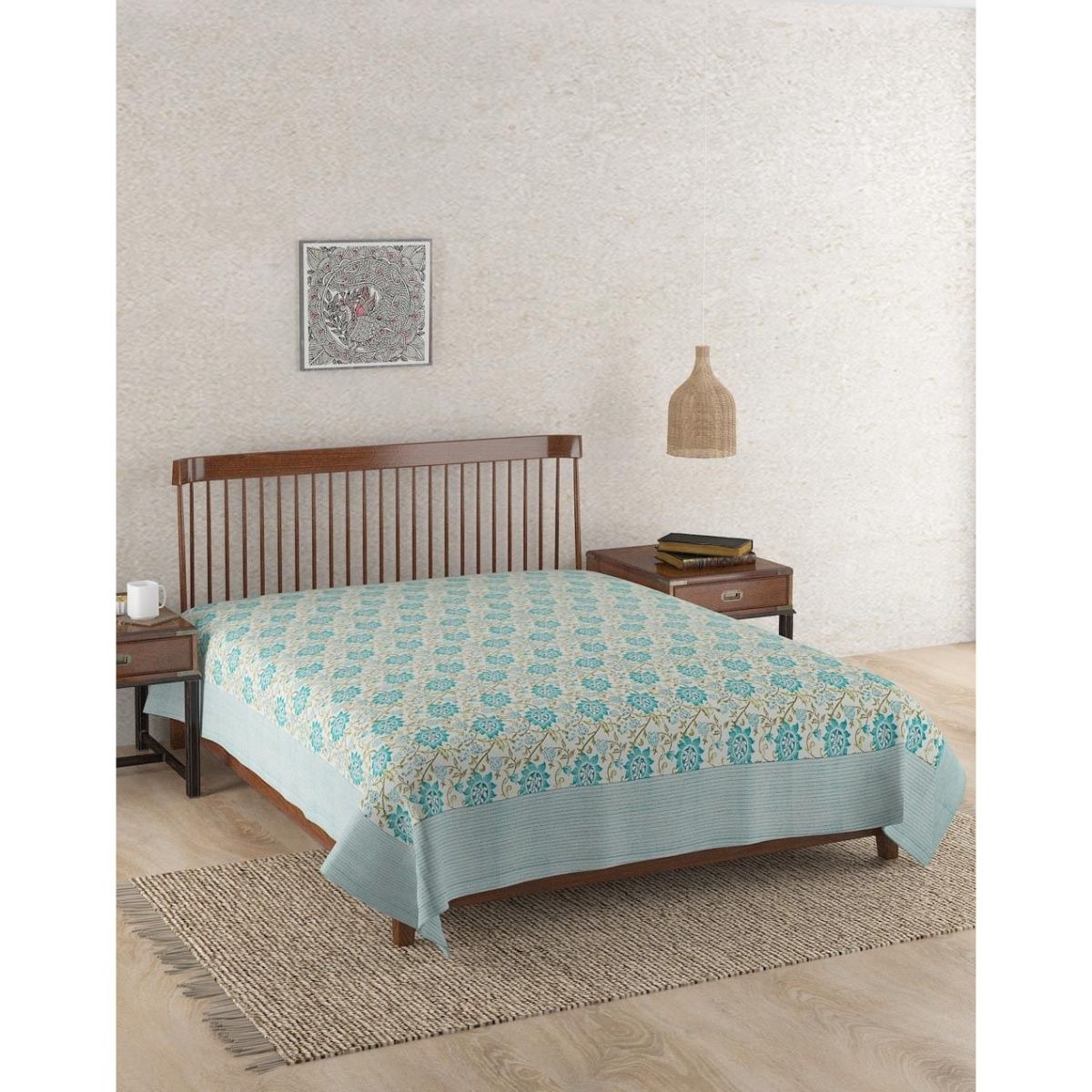 Buy Fabindia Aqua Magnolia Cotton Nature Bed Cover Online