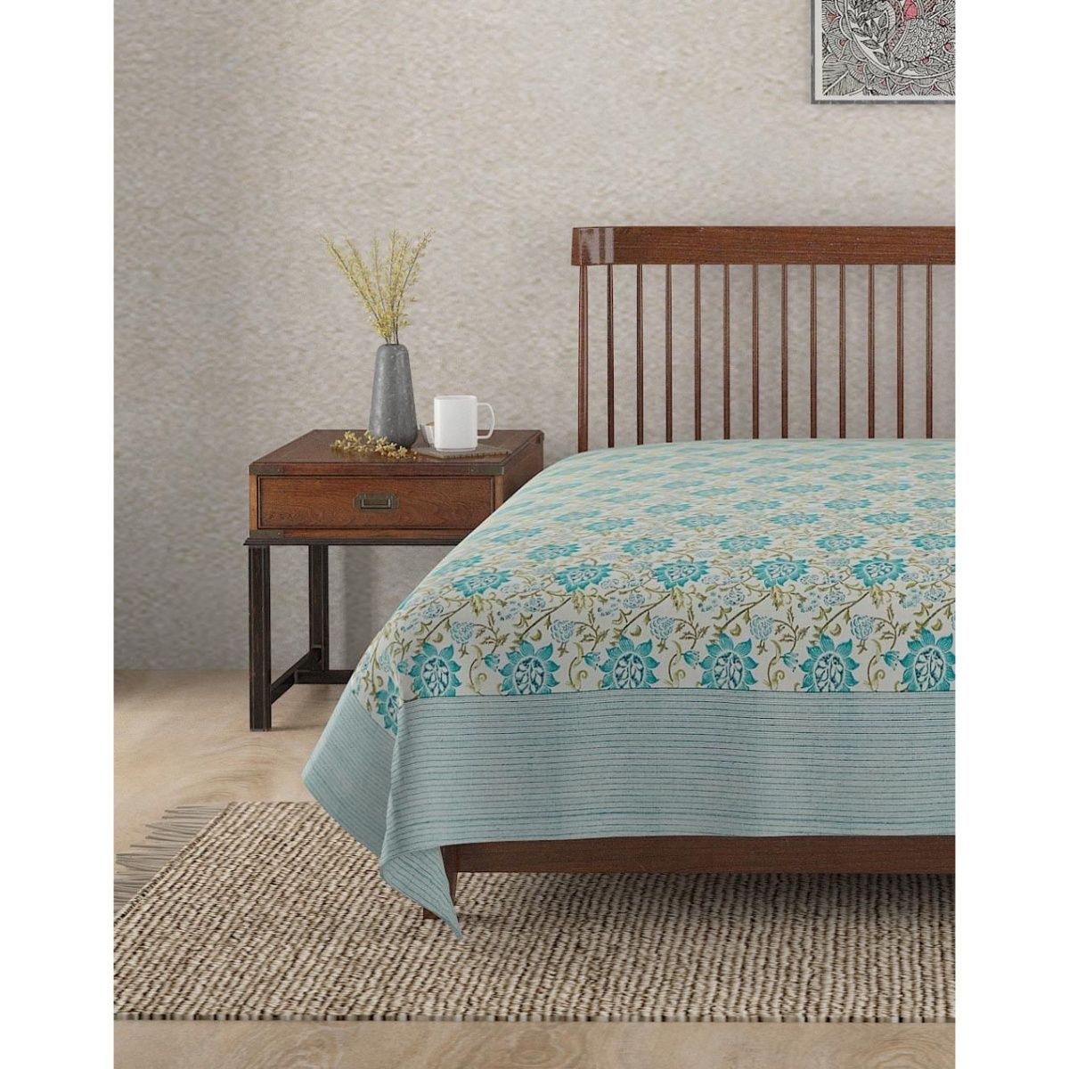 Buy Fabindia Aqua Magnolia Cotton Nature Bed Cover Online