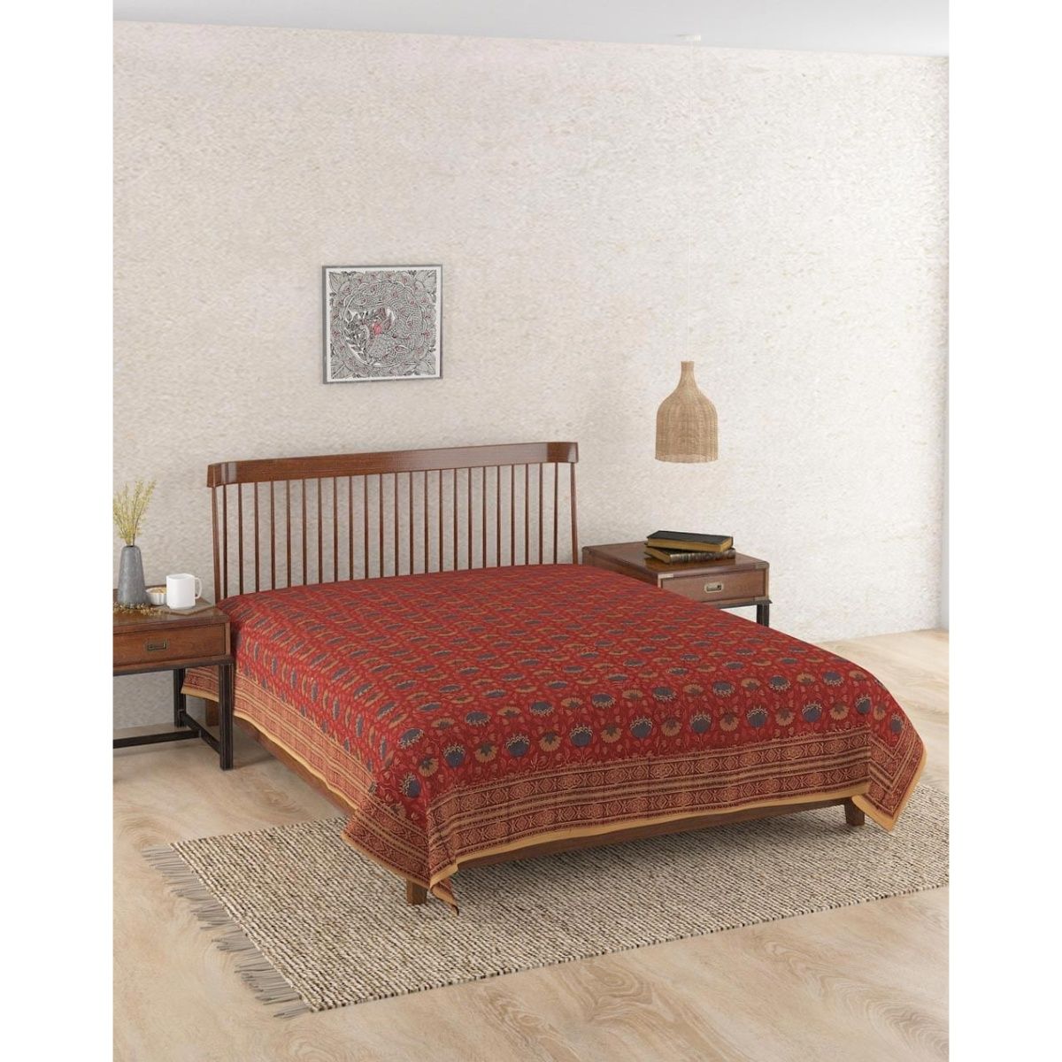 Red - Bagh Block Printed Natural Dyed Pure Cotton Double Bed Cover (110 x 88 in)