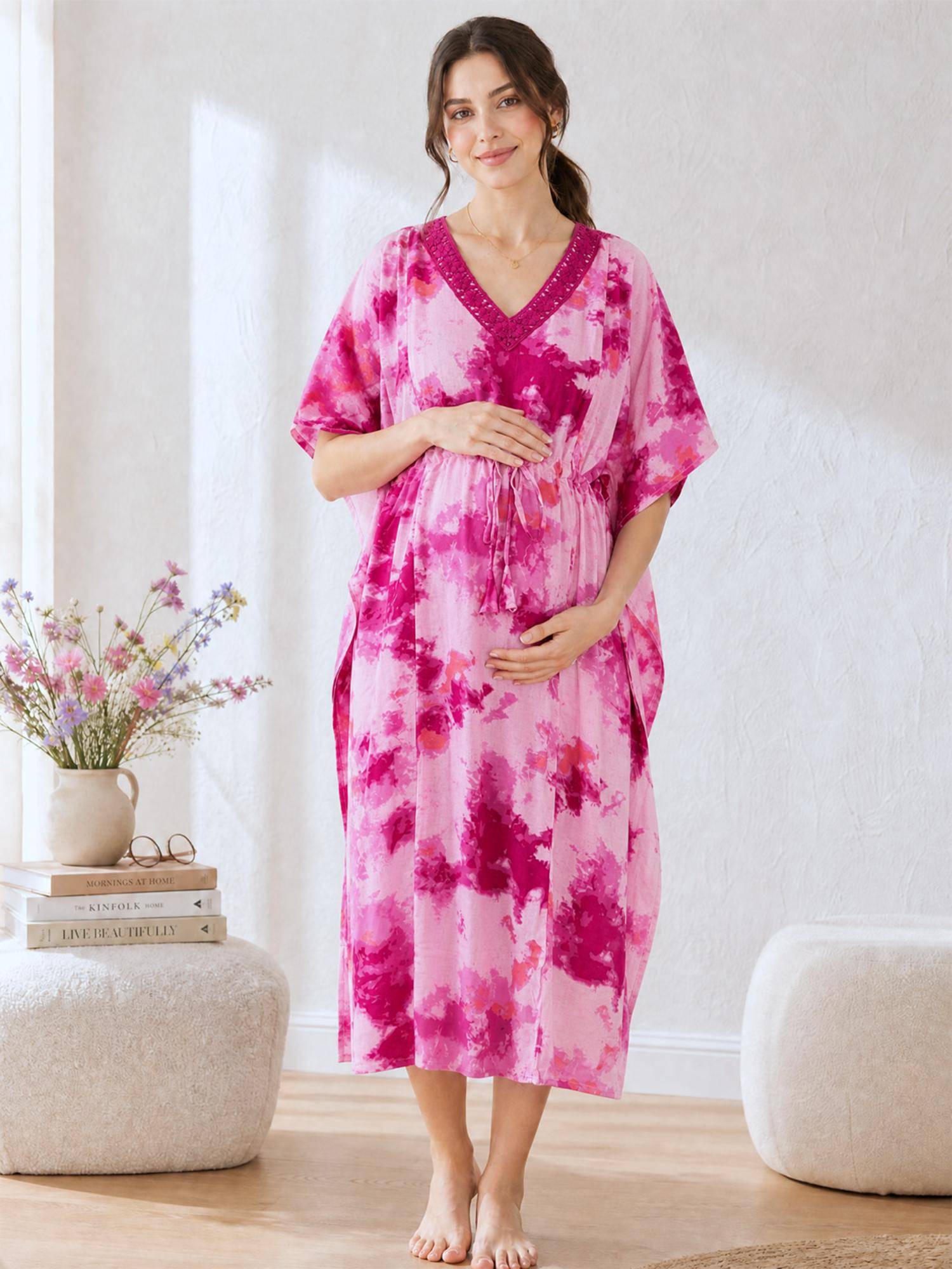 Secret Wish Pink Tie and Dye Rayon Maternity Kaftan