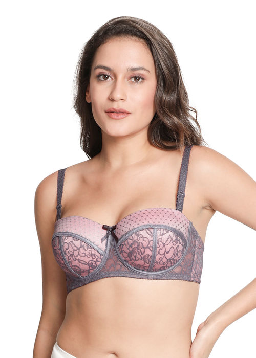 Buy Shyaway Susie 3/4th Coverage Underwired Lace Overlay Balconette Padded  Bra- Grey online