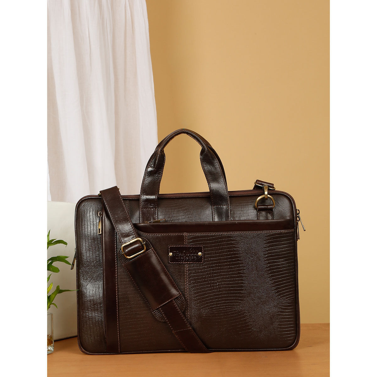 Buy Teakwood Unisex Brown Lizard Leather Structured Laptop Bag Online