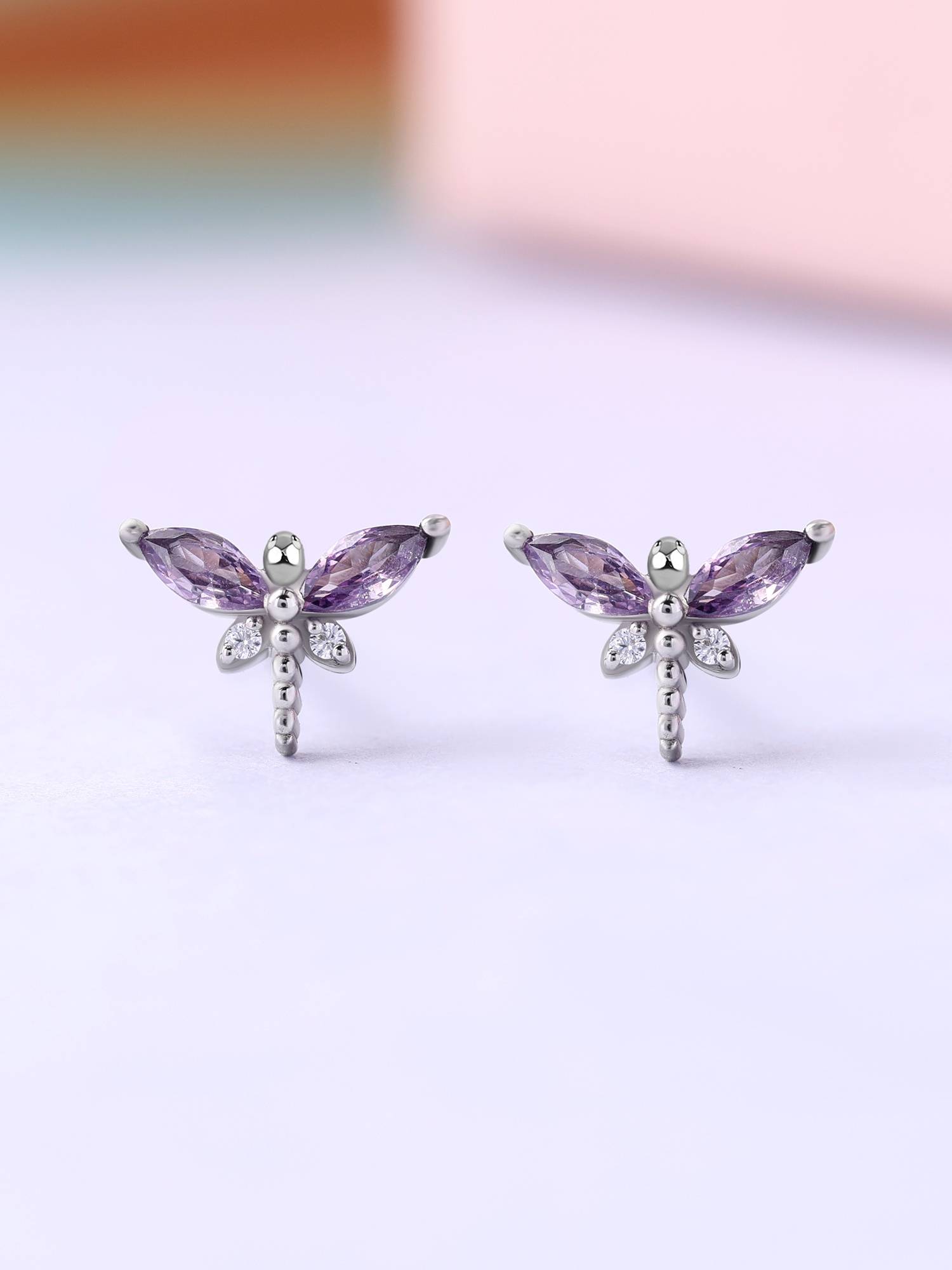 Ornate Jewels 925 Silver Rhodium Plated Purple Amethyst Dragonfly Stud Earring for Women & Girls
