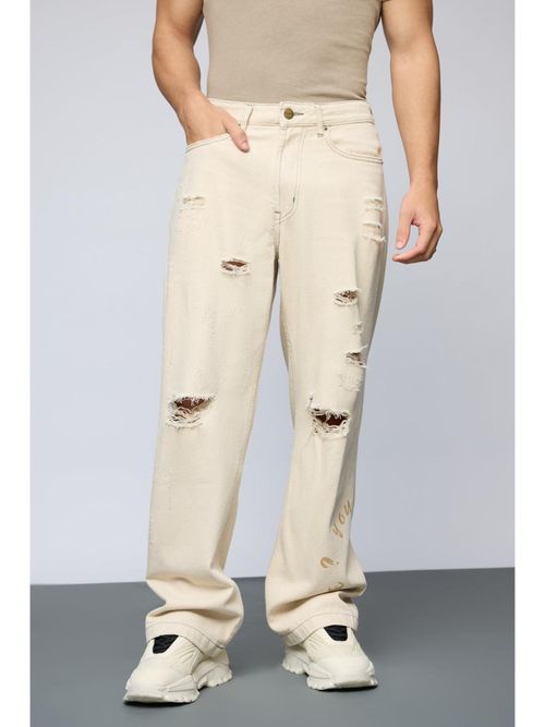 FREAKINS Ecru Escape Distressed Mens Straight Jeans