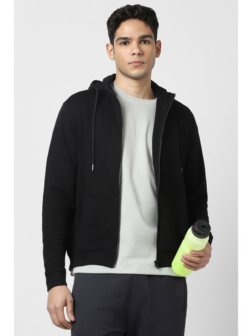 Van Heusen Men Black Solid Casual Hooded Jacket