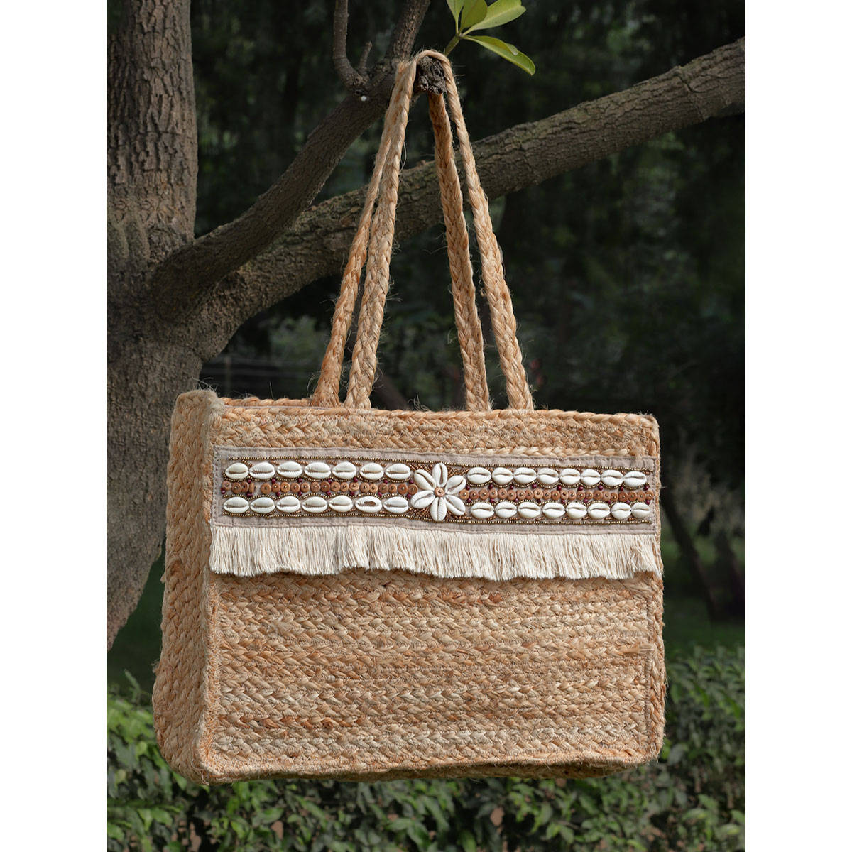 Anekaant Sisal Baked Beige Embellished Jute Tote Bag