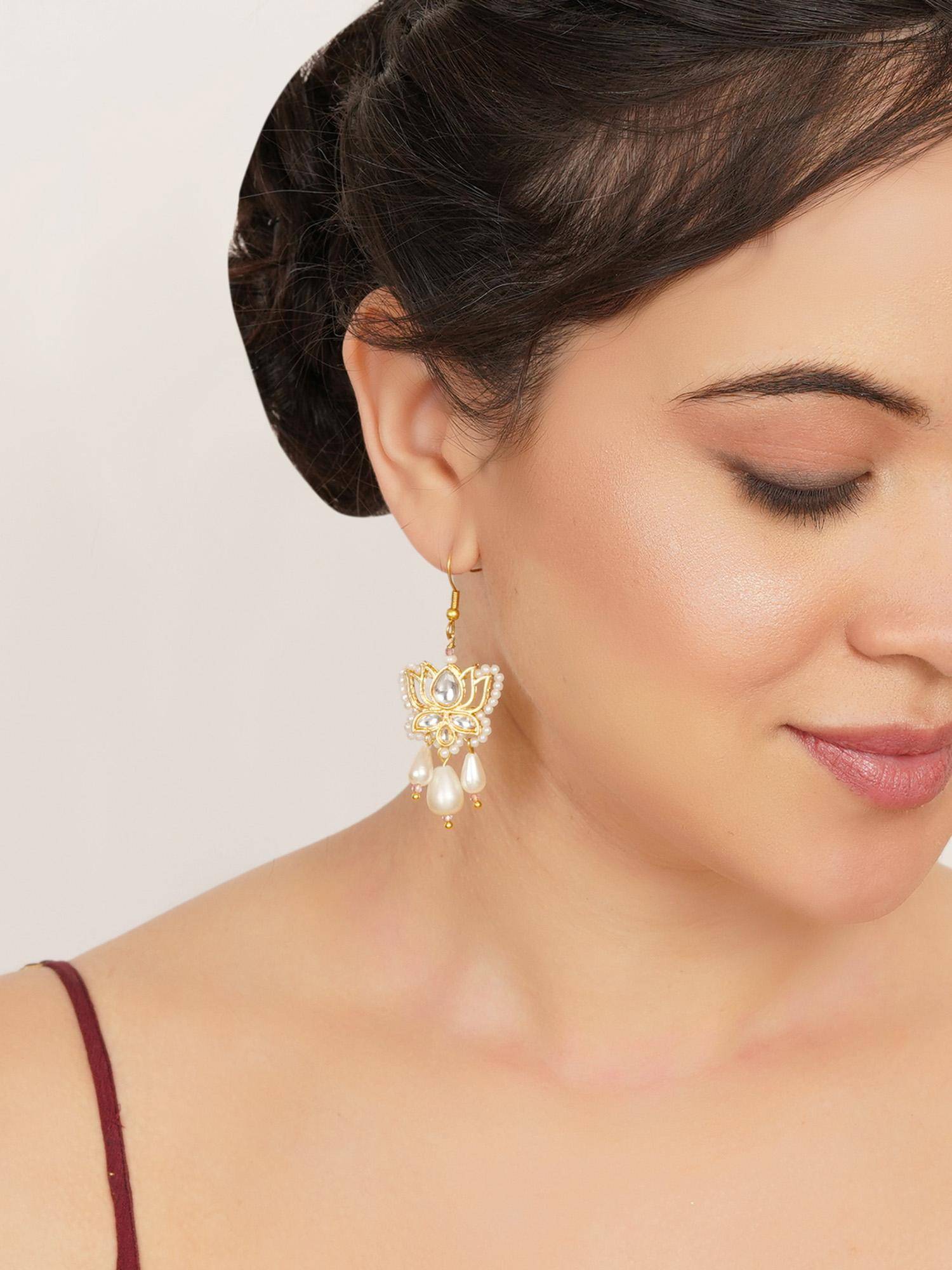 BeAbhika Kundan Lotus Pearl Drop Earrings