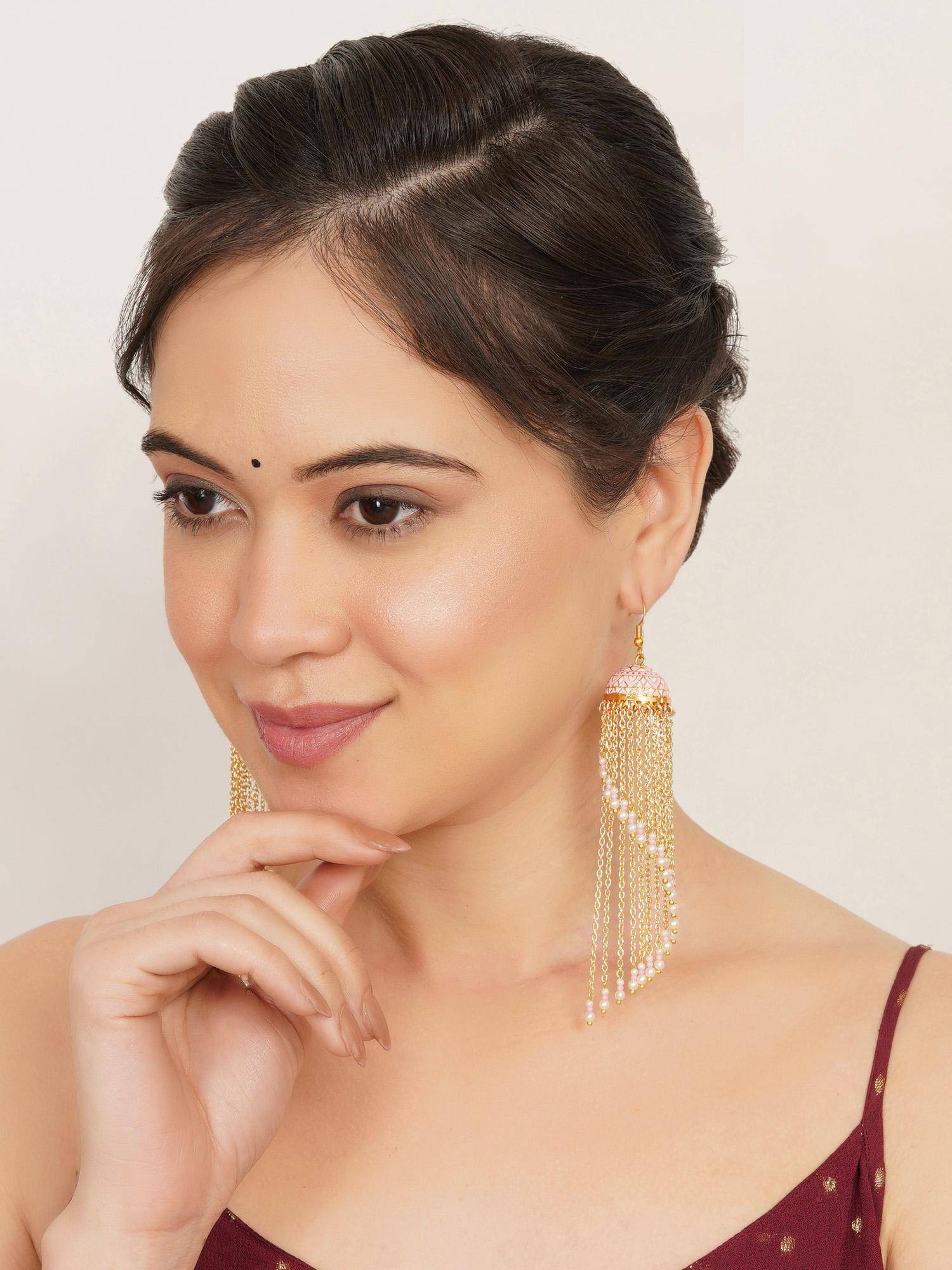 BeAbhika Meenakari Jhumkas With Cascading Bead Strands Earrings Pink