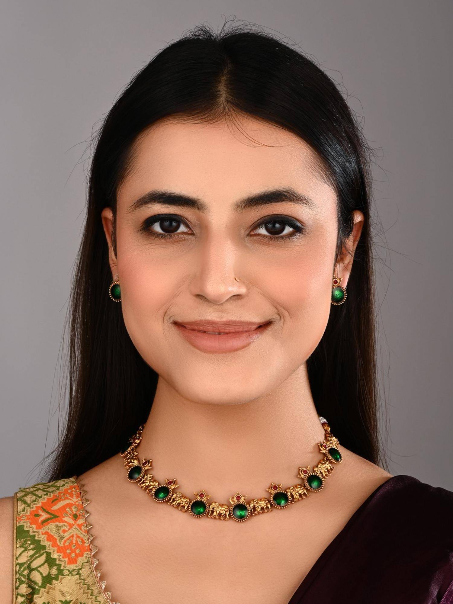 Anvik Gold Plated Elephant Necklace Set Green