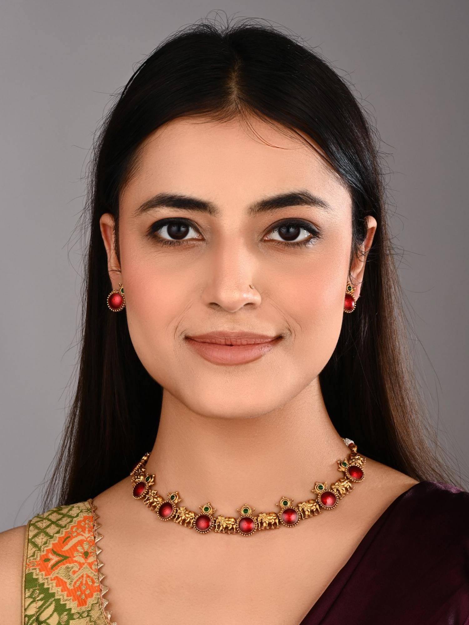 Anvik Gold Plated Elephant Necklace Set Red