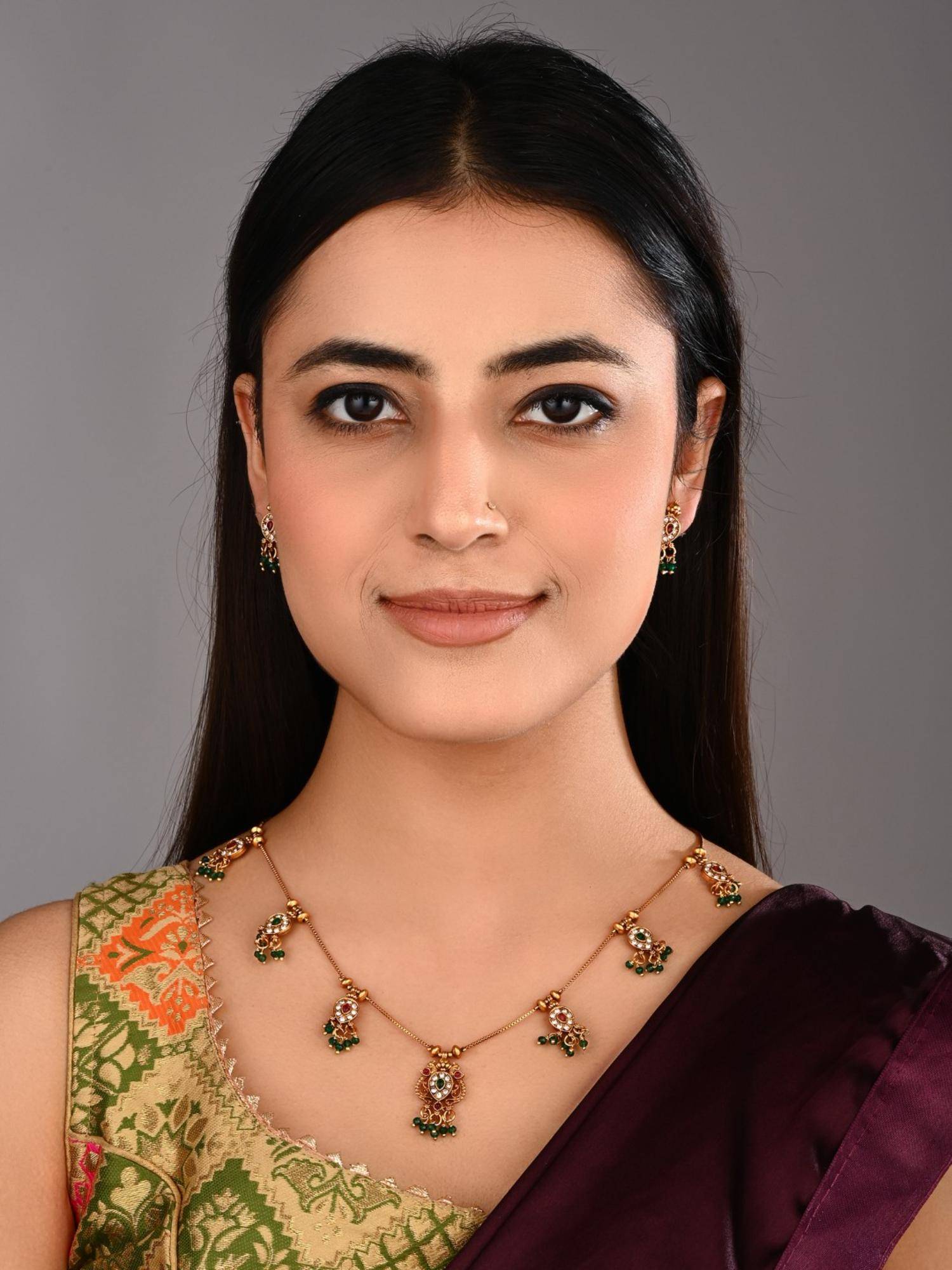Anvik Ruby Emerald Filigree Necklace Earrings Set Green