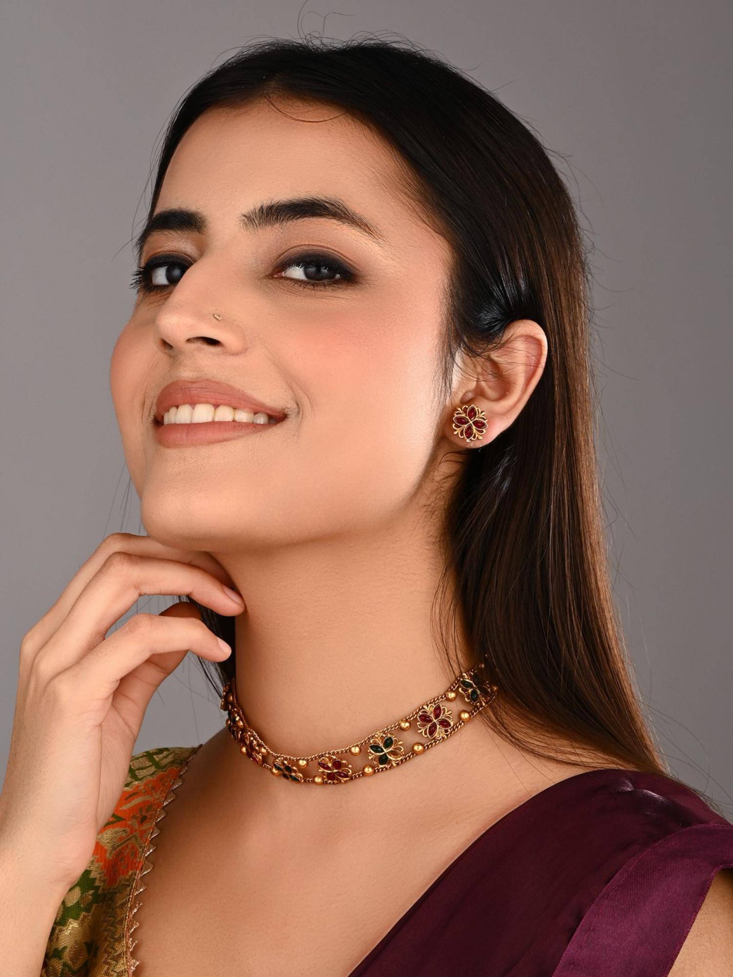 Anvik Pearl Floral Necklace Earrings Set Multi-Color
