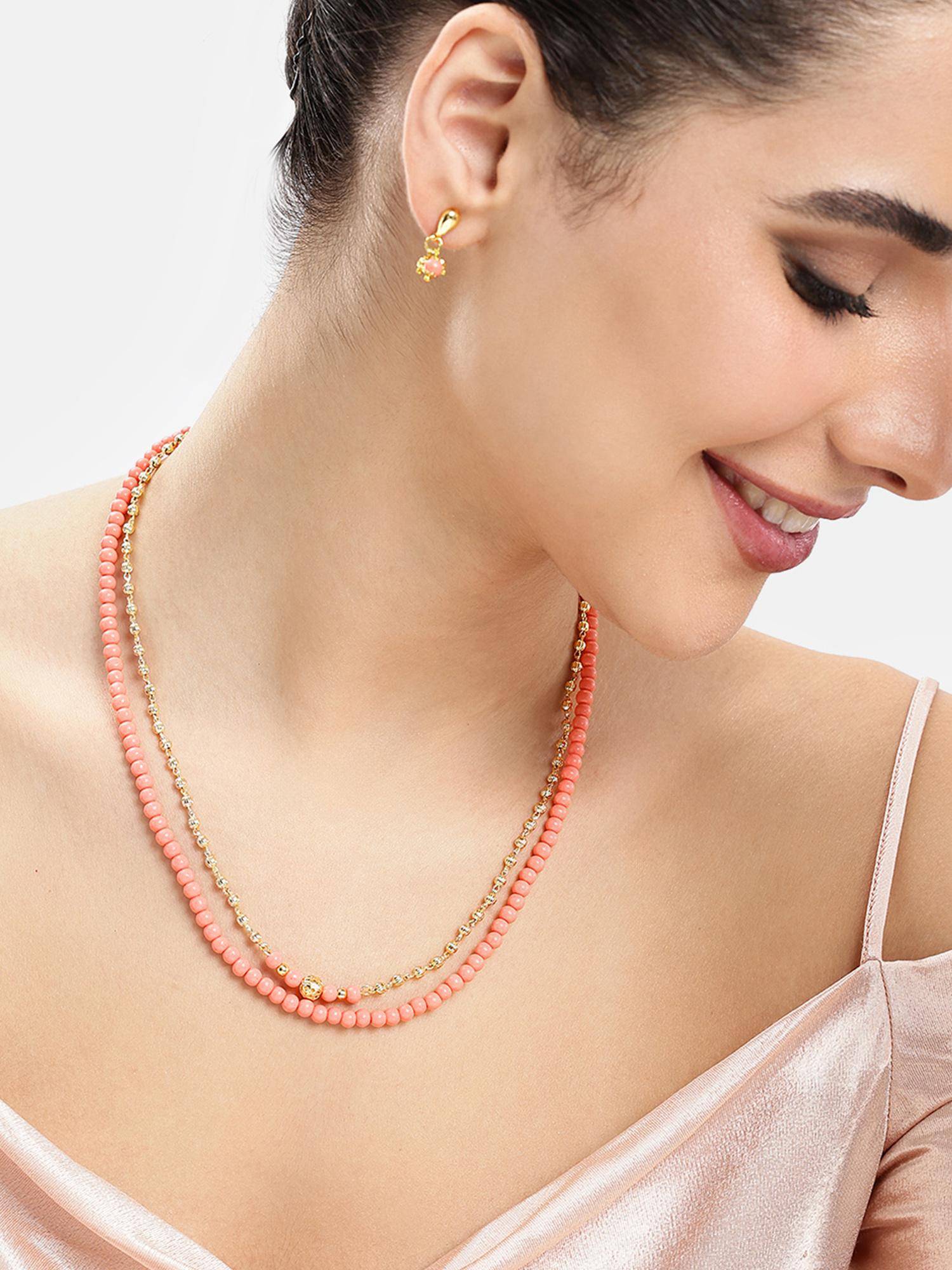 Estele Adjustable Gold Finish Elegant Coral Pink Double Layer Jewellery Set