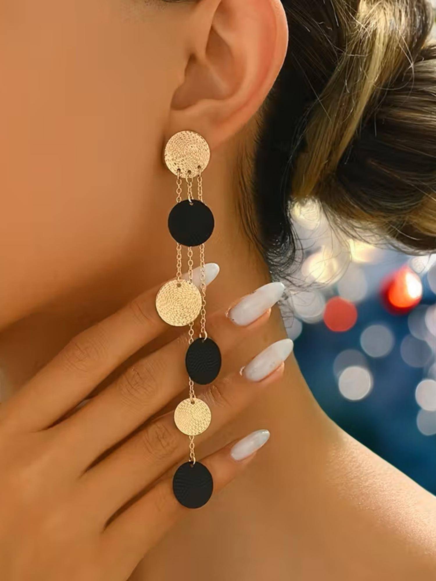 OOMPH Black and Gold Coins and Tassel Drop Earrings