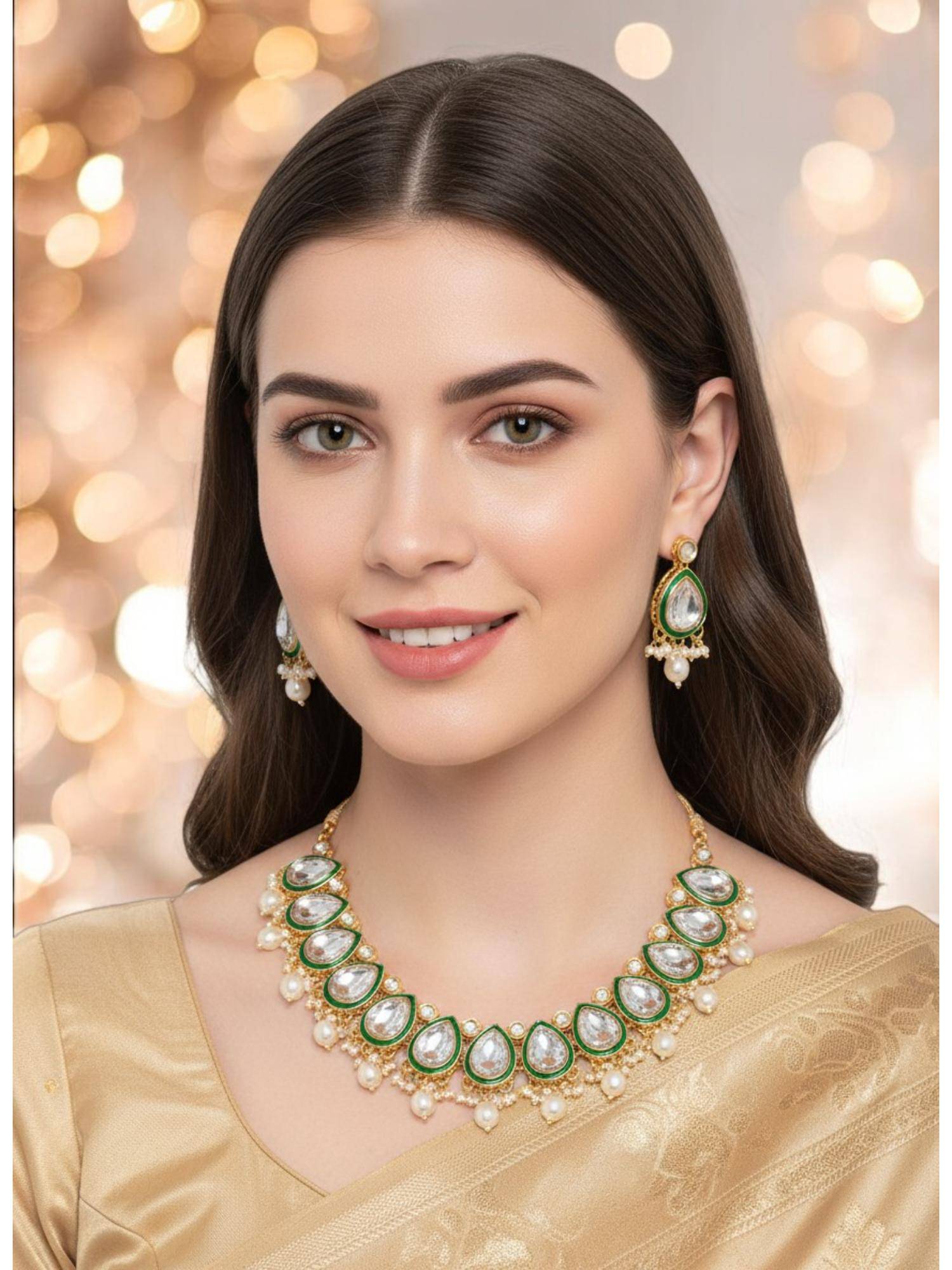 OOMPH Green Meena Kundan Jewellery Set