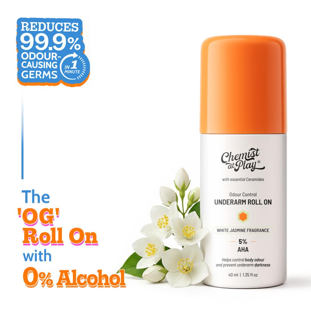 Chemist at Play 5% AHA Underarm Roll On Deodrant Lactic Acid for Men & Women - White Jasmine