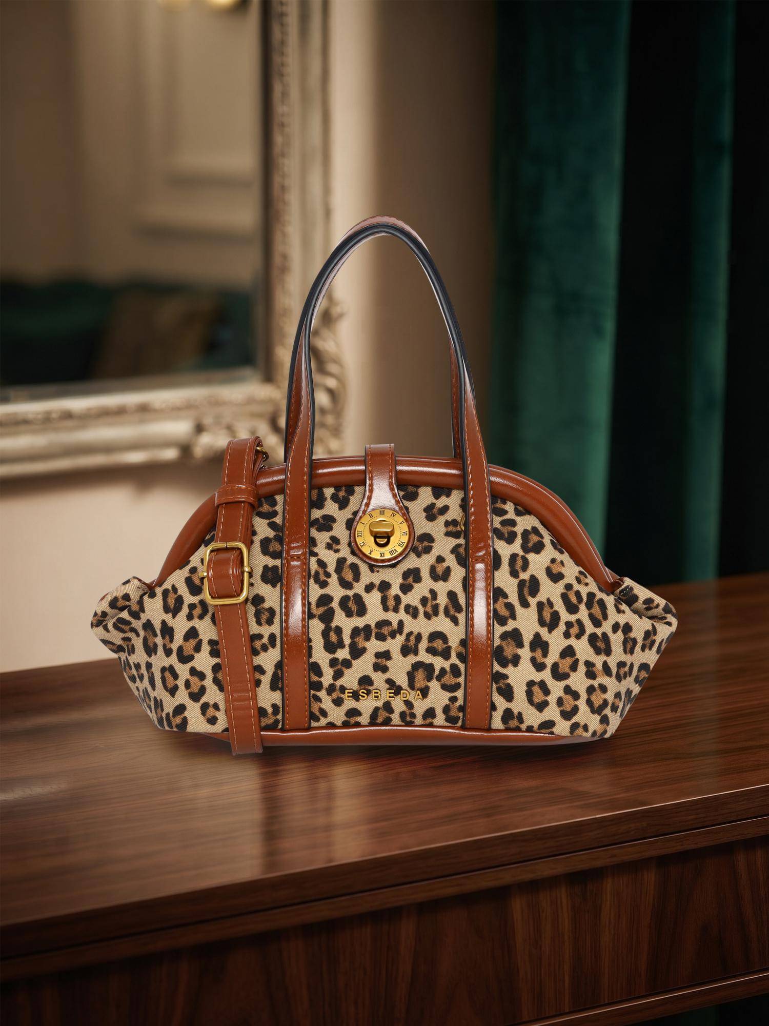 ESBEDA Tan Leopard Print Dome Handbag with Detachable Strap