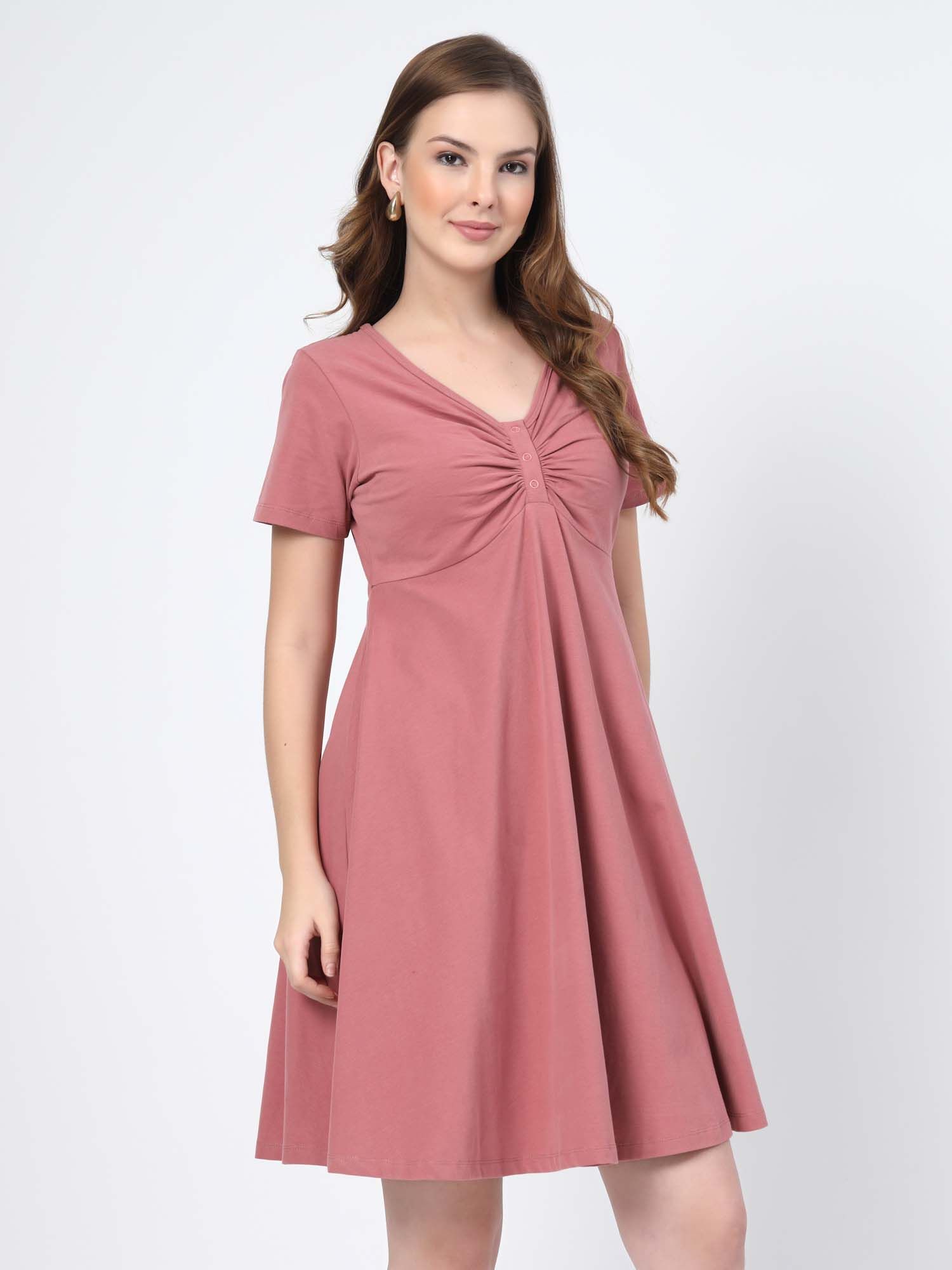Buy Zelena Pink Ruched Zipless Cotton Maternity Dress Online