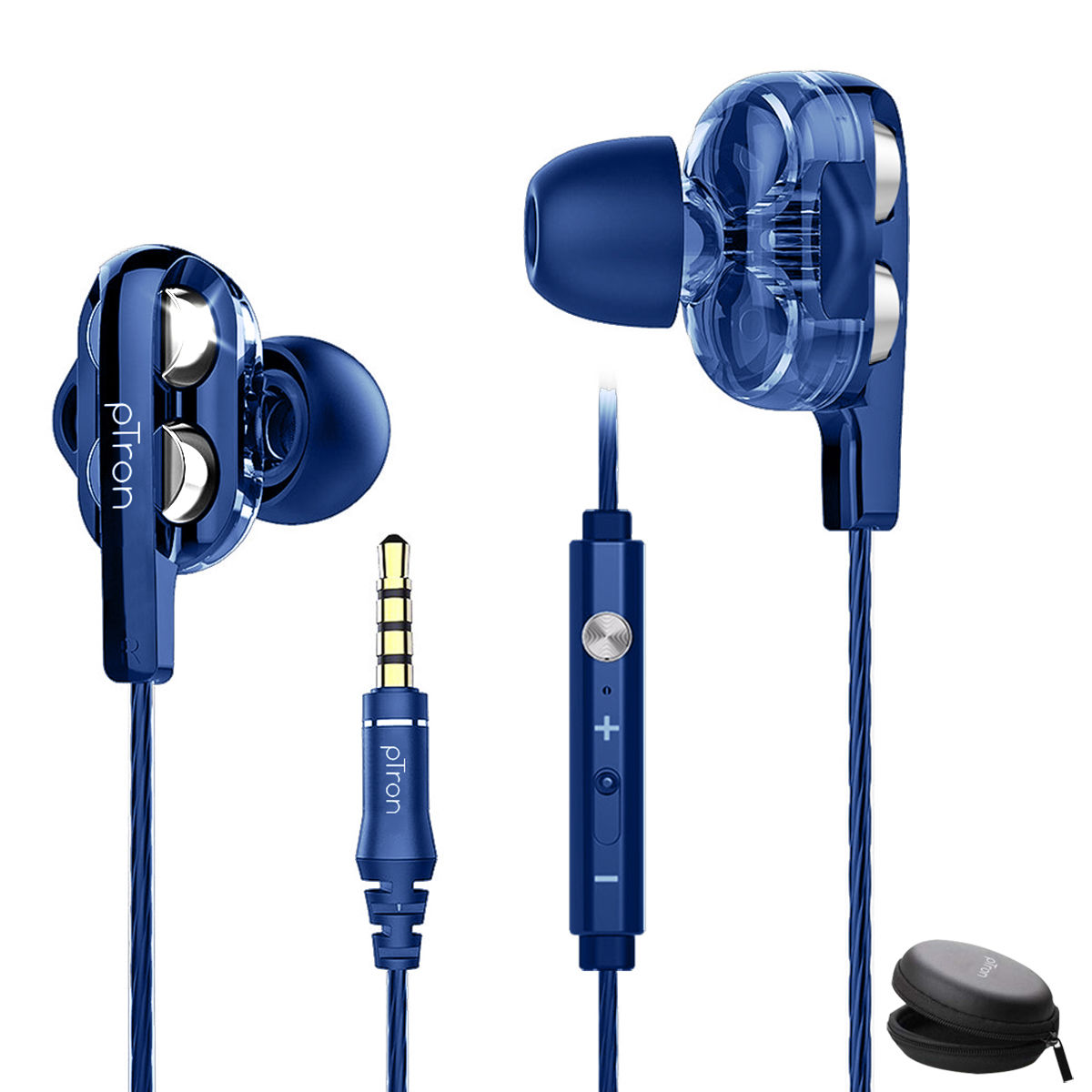pTron Boom Pro Dual-Driver Wired Earphones With Deep Bass, Mic & 1.2M Durable Cable (Dark Blue)