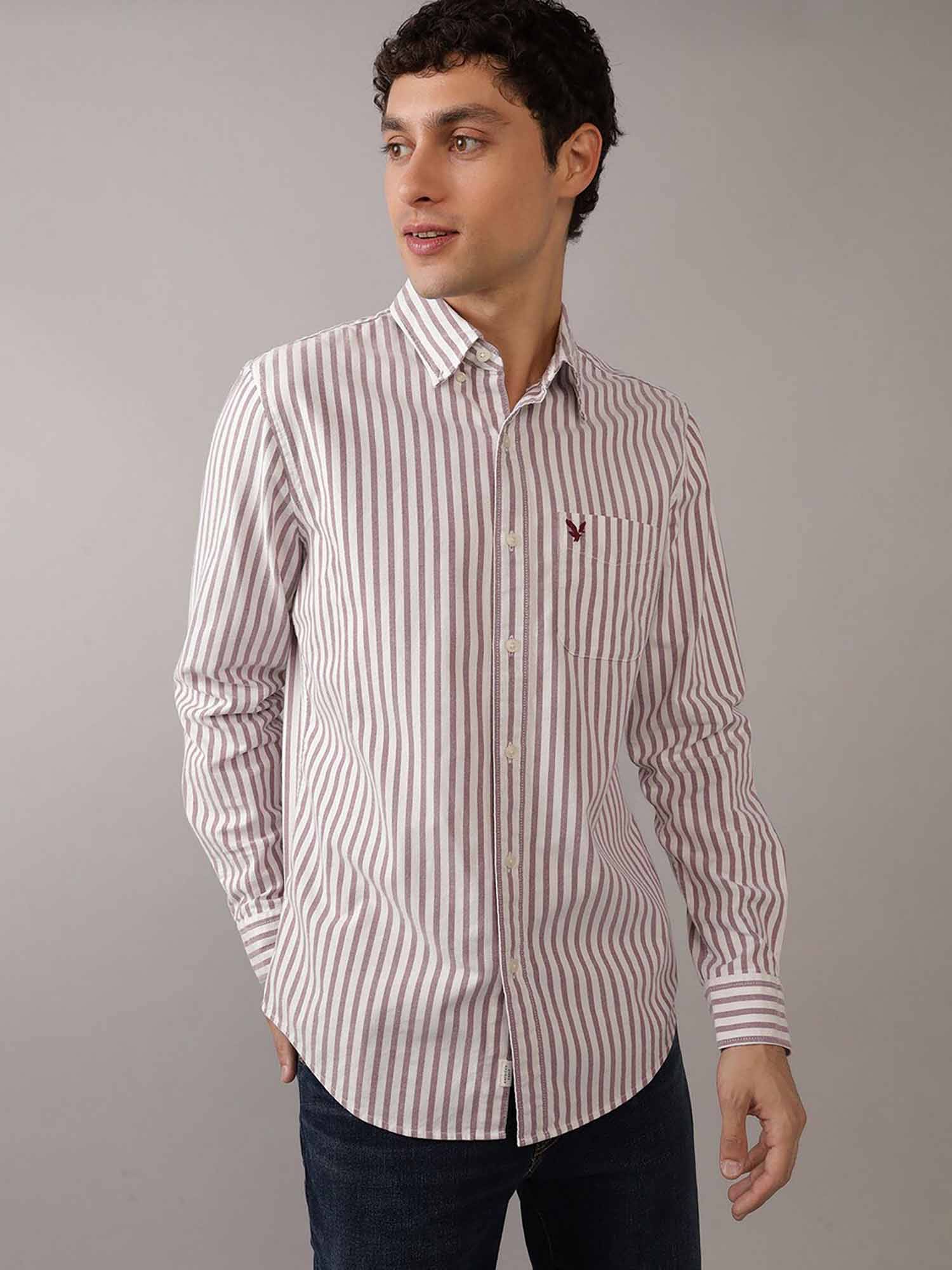 Buy American Eagle Men Burgundy Ae Striped Slim Fit Oxford Button