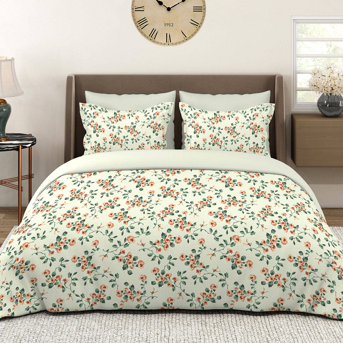Layers Lumina Floret 144 TC Cotton White Floral King Bedsheet with 2 Pillow Covers
