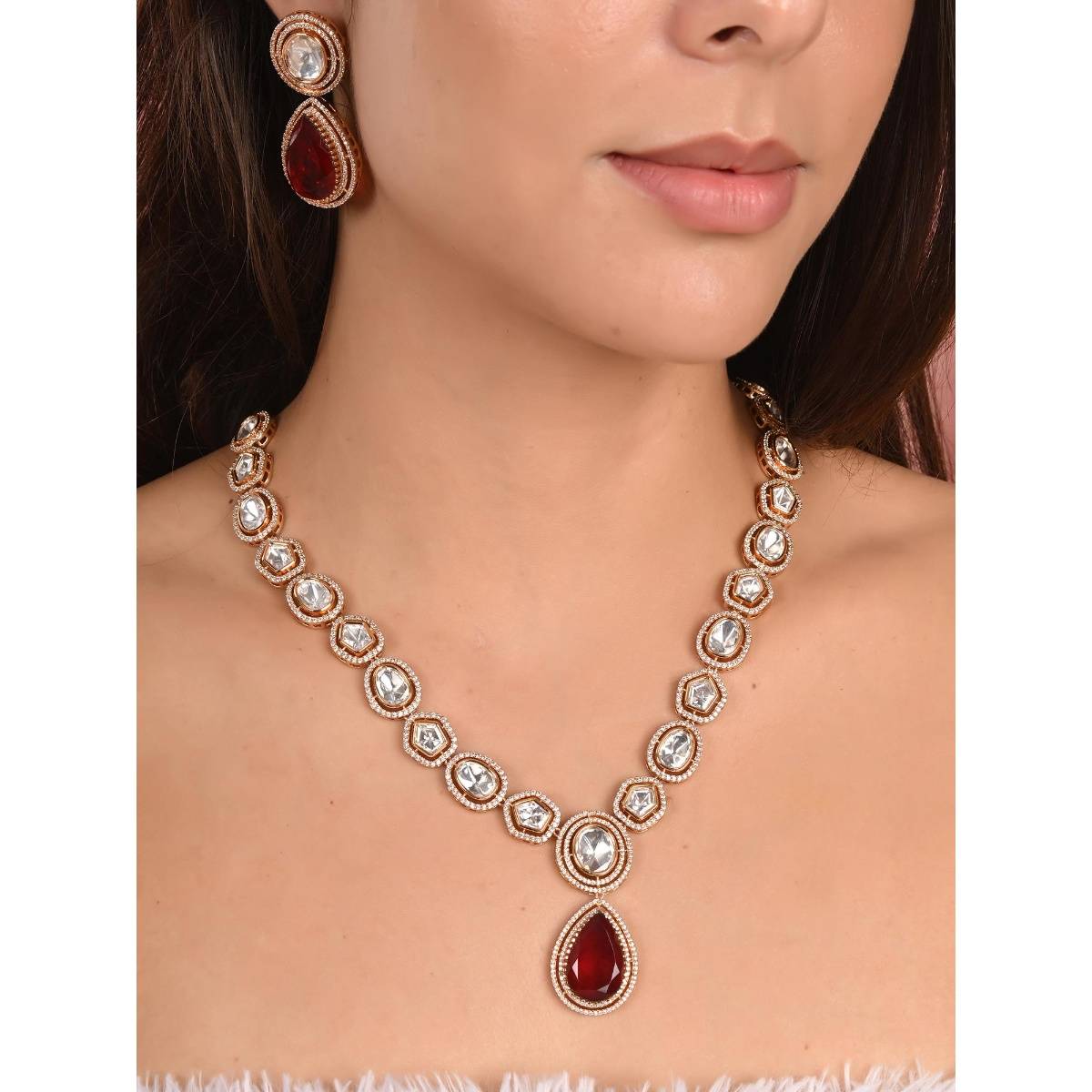 Ratnavali Jewels Gold Plated Red and White Cz Drop Kundan Long Jewellery Set