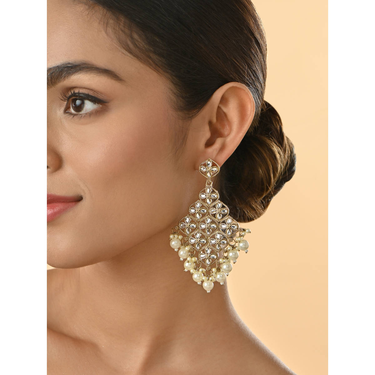 Fida Gold-Toned Bridal White Kundan Pearl Drop Earrings