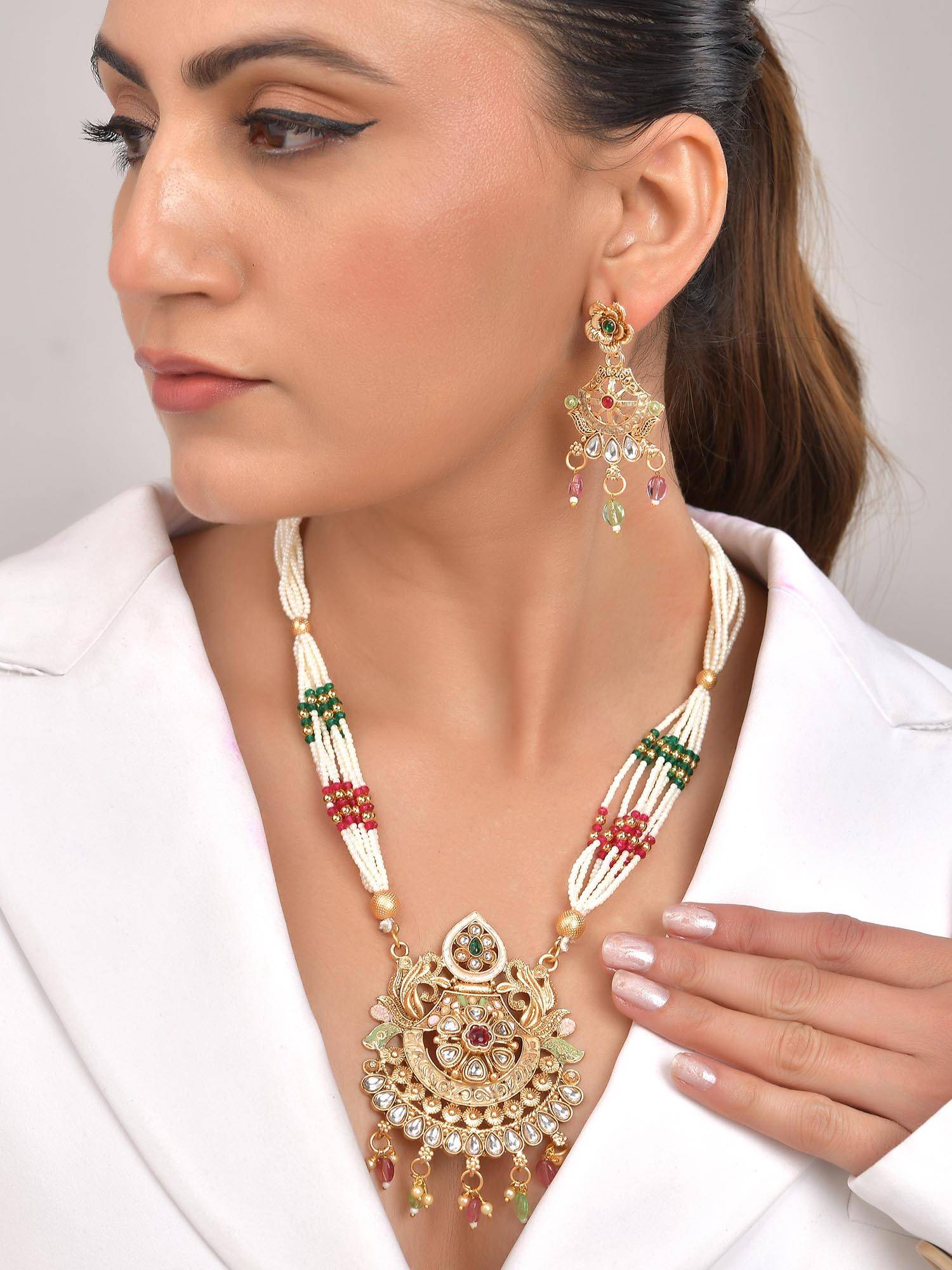 VOJ Gold Toned Traditional Circular Shaped Long Jewellery Set