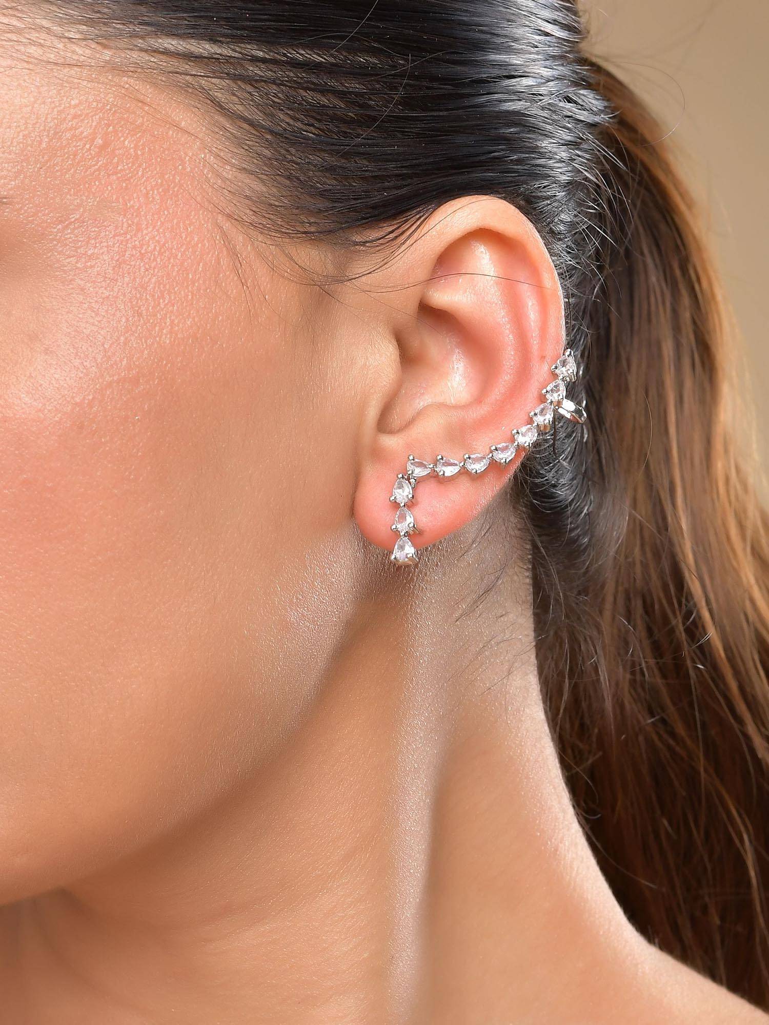 VOJ Silver Plated CZ Stone Studded Teardrop Shaped Ear Cuff Earrings